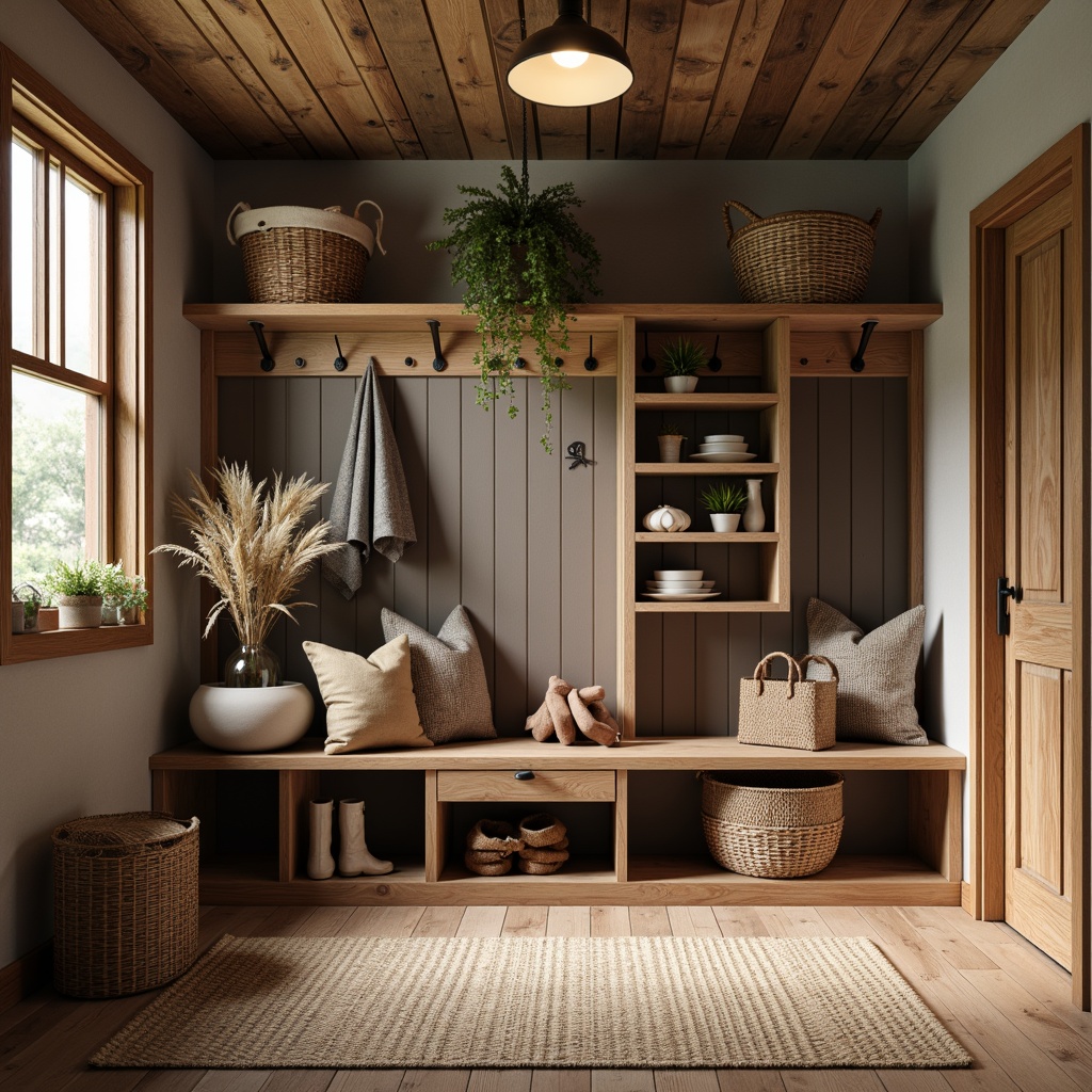 Prompt: Cozy mudroom, rustic wooden accents, earthy color palette, functional wall hooks, sturdy metal construction, modern minimalist design, sleek chrome finishes, ample storage space, organized shelving units, woven baskets, natural fiber rugs, warm overhead lighting, shallow depth of field, 1/1 composition, realistic textures, ambient occlusion.