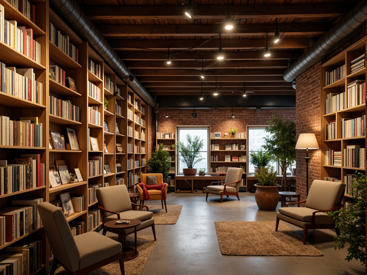 Prompt: Warm and inviting mid-century modern bookstore, wooden shelves, vintage books, cozy reading nooks, comfortable armchairs, industrial-chic metal lighting fixtures, exposed brick walls, polished concrete floors, natural textiles, earthy color palette, soft warm lighting, table lamps, floor lamps, pendant lights, recessed lighting, ambient glow, 1/1 composition, shallow depth of field, realistic textures, subtle shadows.