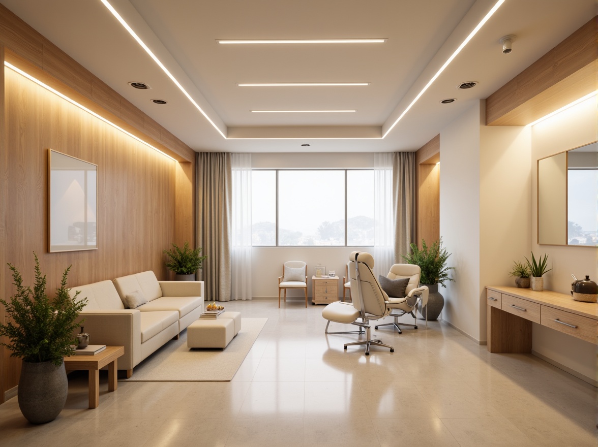 Prompt: Minimalist clinic interior, soft warm lighting, gentle ambient glow, LED ceiling lights, natural wood accents, calming color scheme, pastel shades, comfortable waiting areas, sleek metal furniture, modern medical equipment, subtle texture contrasts, indirect lighting, relaxing atmosphere, 1/2 composition, shallow depth of field, realistic renderings.