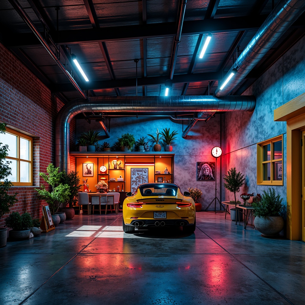 Prompt: Industrial-style garage, metallic accents, bold color scheme, deep blues, fiery reds, neon yellows, rugged textures, exposed brick walls, polished concrete floors, modern lighting fixtures, sleek steel beams, urban atmosphere, dramatic shadows, high-contrast lighting, cinematic composition, realistic renderings.