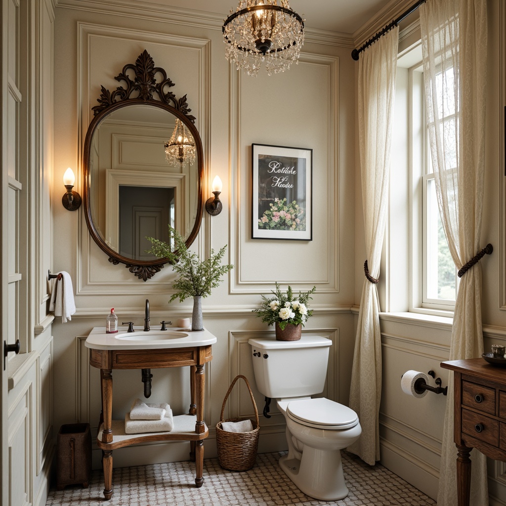 Prompt: Vintage powder room, soft pastel hues, distressed finishes, ornate mirrors, delicate florals, lace curtains, antique furniture, crystal chandeliers, mercury glass pendants, rustic metal sconces, linen shades, warm candlelight, natural daylight, sheer fabrics, feminine accents, elegant script typography, aged wood tones, romantic ambiance, 1/2 composition, soft focus, warm color temperature.