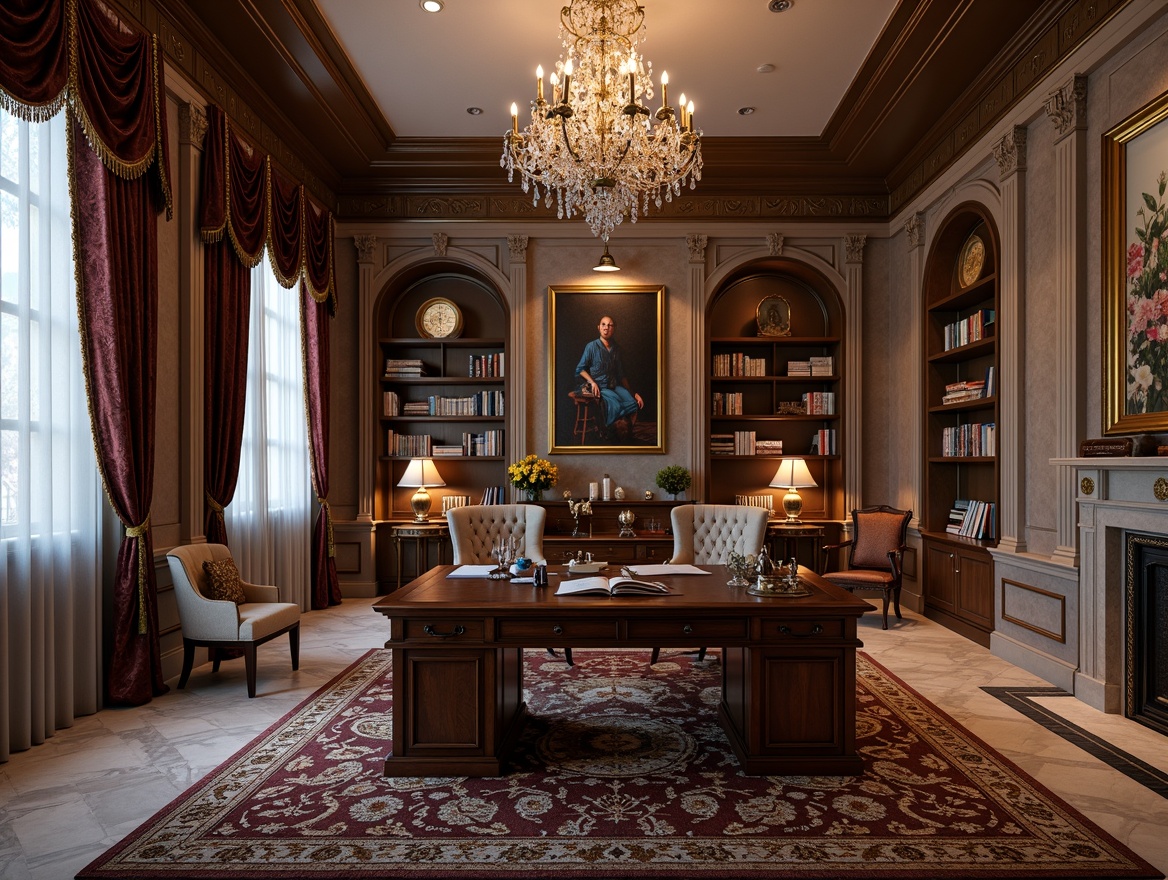 Prompt: Elegant home office, ornate wooden desk, leather-bound books, gilded picture frames, crystal chandeliers, velvet drapes, richly patterned rugs, neoclassical arches, columns, and pilasters, soft warm lighting, shallow depth of field, 1/1 composition, realistic textures, ambient occlusion, classic serif typography, luxurious marble surfaces, intricate moldings, ornamental vases, sophisticated color palette.