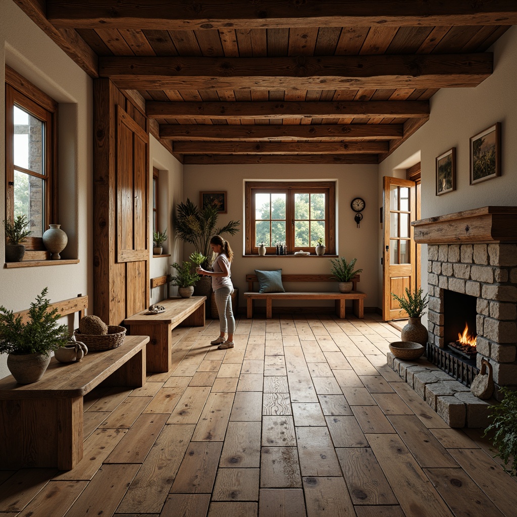 Prompt: Rustic farmhouse interior, reclaimed wood flooring, distressed textures, earthy tones, natural stone accents, wooden beams, vintage decor, cozy atmosphere, warm lighting, soft shadows, shallow depth of field, 1/1 composition, realistic wood grains, ambient occlusion.