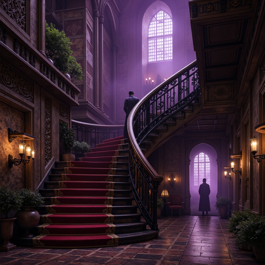 Prompt: Dark mysterious atmosphere, grandiose staircases, ornate carvings, rich wood tones, velvety black ironwork, crimson red accents, golden gilded details, lavish velvet drapes, mystical candlelight, eerie shadows, intricate stone patterns, medieval-inspired architecture, dramatic archways, imposing columns, regal purple hues, luxurious marbled flooring, mysterious foggy ambiance, cinematic low-key lighting, 1/1 composition, realistic textures, ambient occlusion.