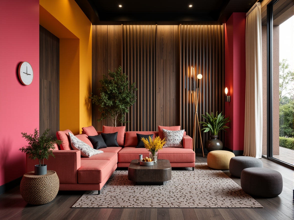 Prompt: Vibrant accent walls, bold color blocking, modern minimalist interior, sleek metallic finishes, rich wood textures, luxurious fabric upholstery, statement lighting fixtures, geometric patterned rugs, eclectic decorative accessories, warm ambient glow, softbox lighting, shallow depth of field, 1/1 composition, realistic material rendering.