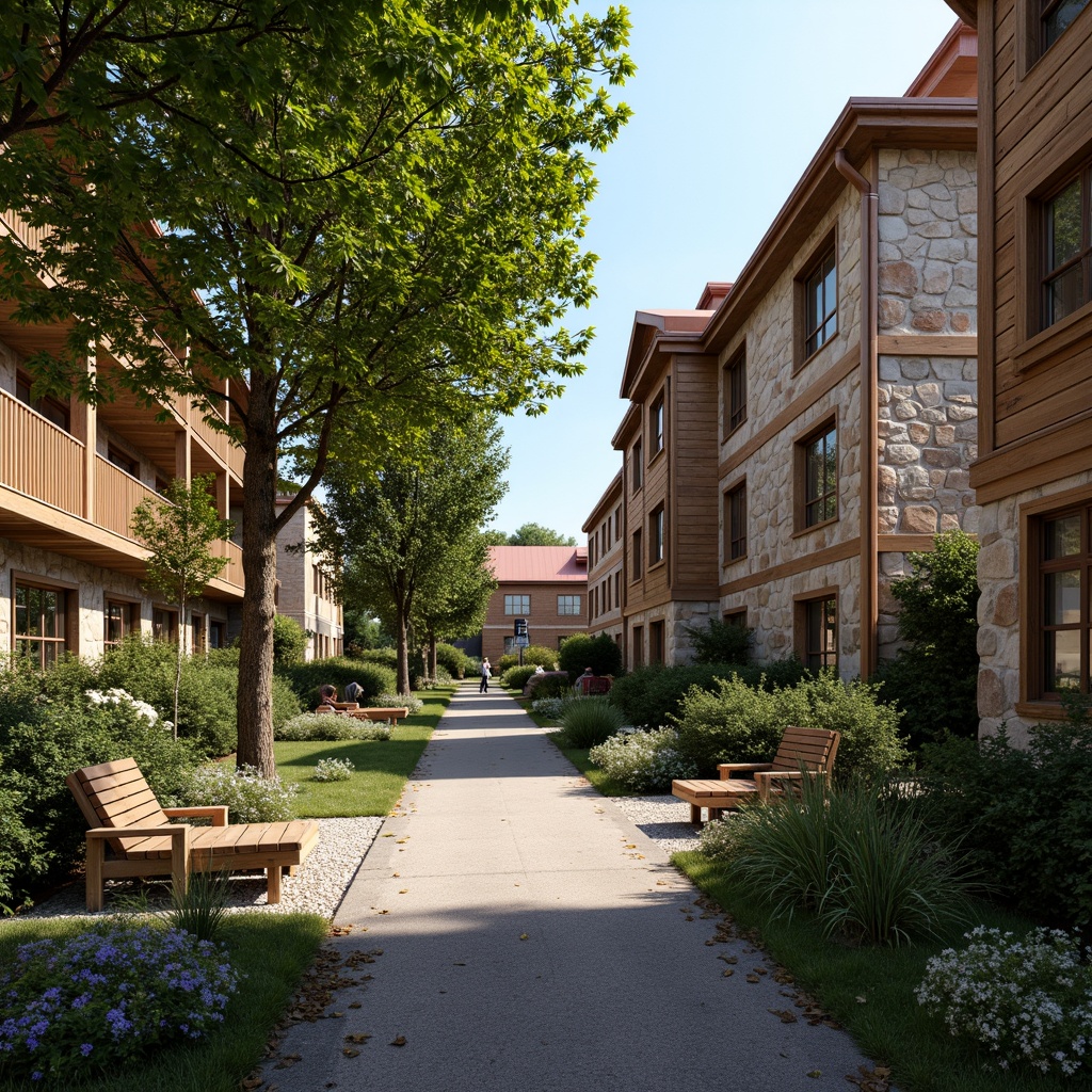 Prompt: Rustic university campus, natural stone walls, reclaimed wood accents, earthy tone brick buildings, wooden benches, lush greenery, overhanging trees, wildflowers, meandering paths, gravel walkways, weathered copper roofs, wooden shutters, traditional architecture, warm cozy lighting, shallow depth of field, 1/1 composition, intimate atmosphere, realistic textures, ambient occlusion.