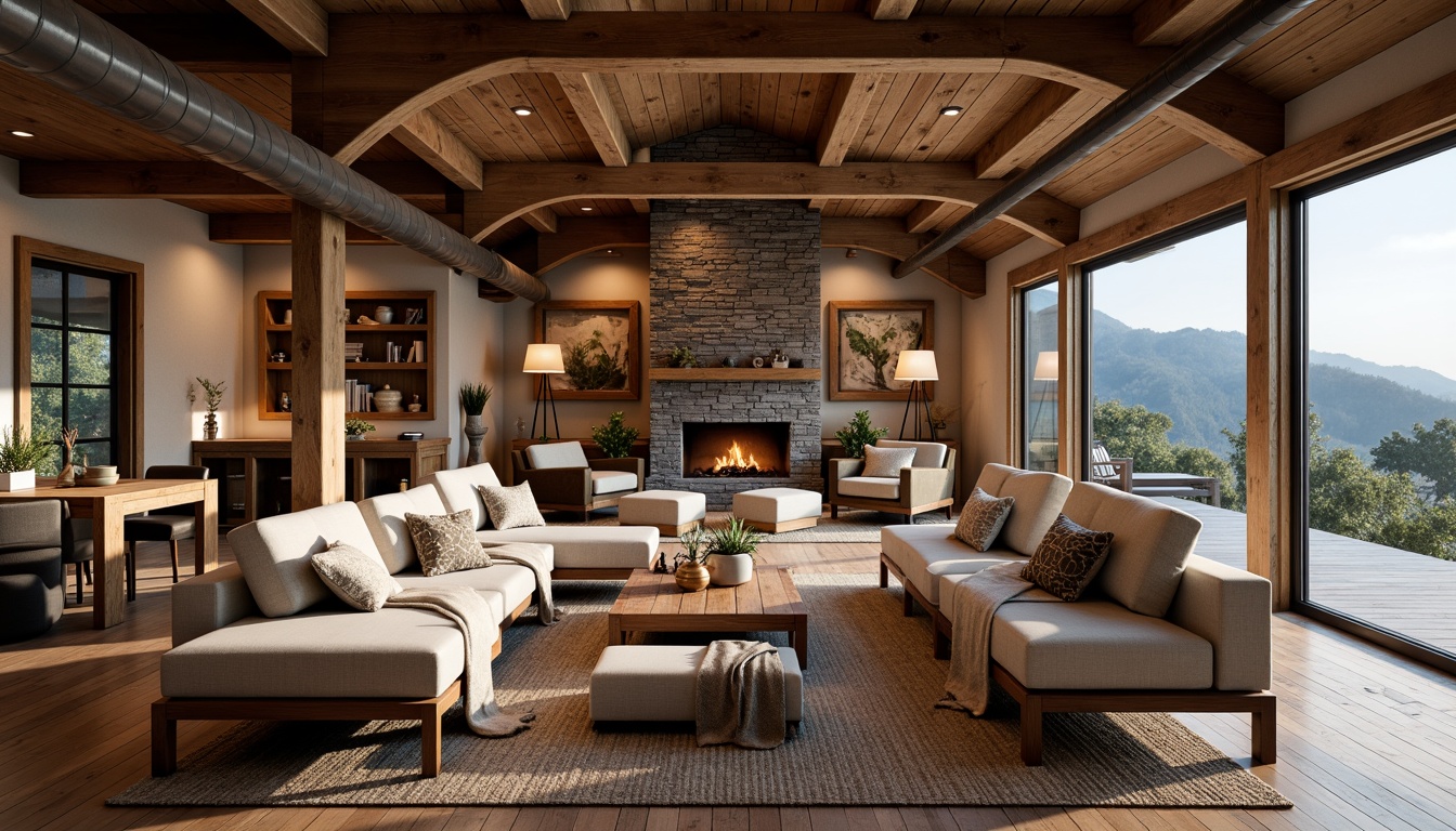 Prompt: Rustic great room, wooden beams, stone fireplace, comfortable couches, plush throw blankets, natural textiles, earthy color palette, warm lighting, exposed ductwork, industrial metal accents, reclaimed wood floors, cozy reading nooks, floor-to-ceiling windows, sliding glass doors, outdoor connection, mountain views, serene atmosphere, shallow depth of field, 1/1 composition, realistic textures, ambient occlusion.