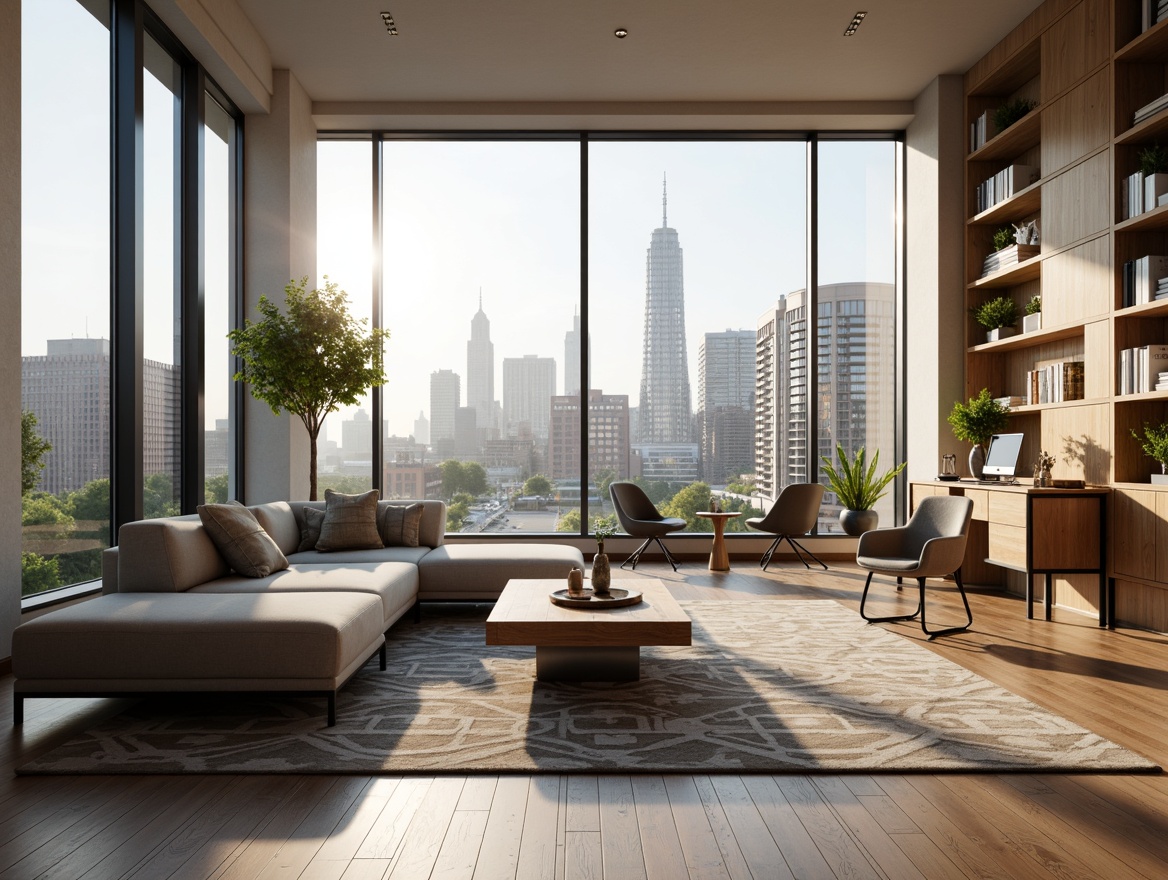 Prompt: Modern minimalist living room, sleek low-profile sofa, wooden coffee table, geometric patterned rug, floor-to-ceiling windows, urban city view, soft warm lighting, 1/1 composition, realistic textures, ambient occlusion; functional workspace, ergonomic chair, spacious desk, metal legs, plenty storage shelves, organized cord management, cozy reading nook, plush area rug, vibrant green plants, natural wood accents, Scandinavian-inspired design.