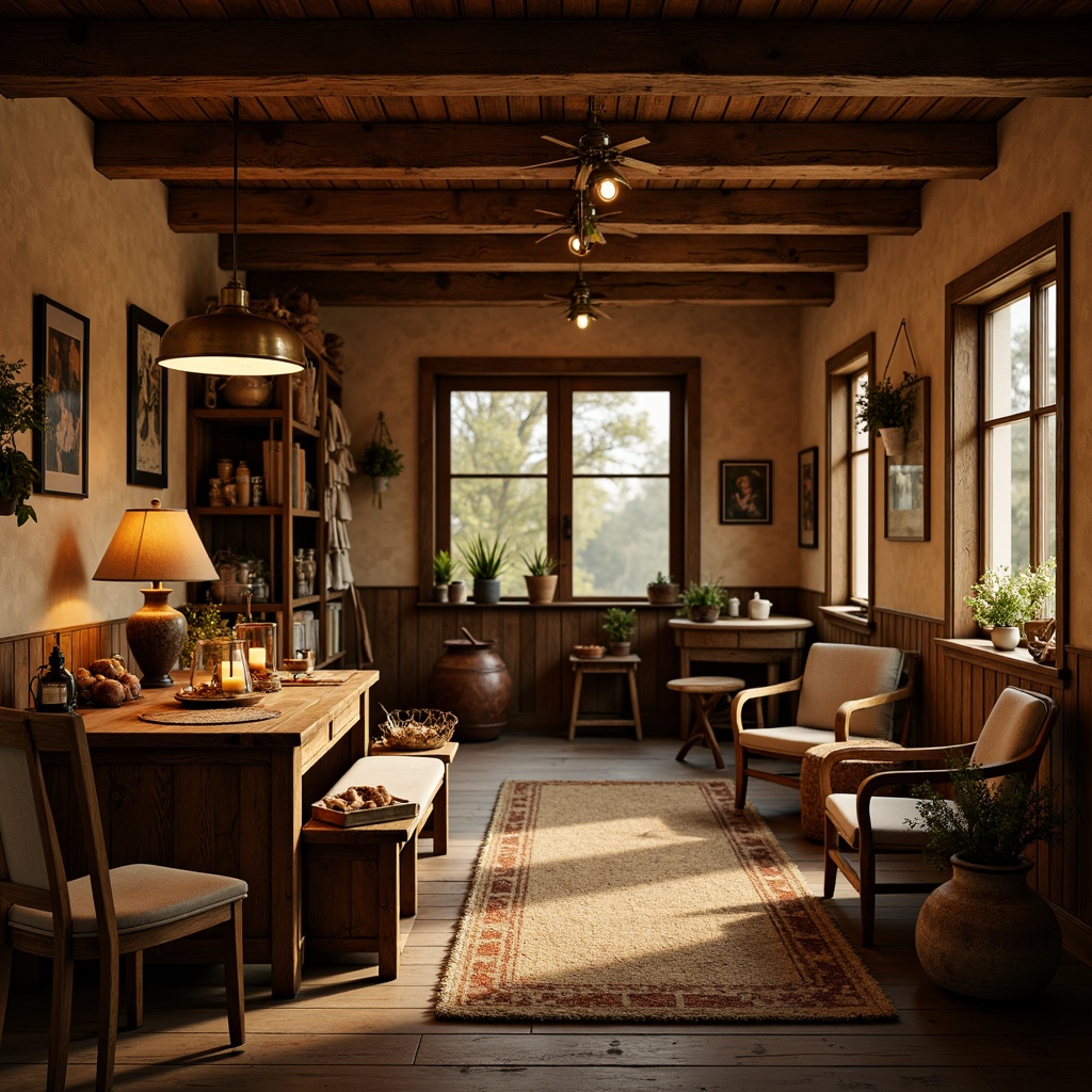 Prompt: Rustic farmhouse interior, warm golden lighting, pendant lanterns, candlelit tables, wooden beams, vintage metalware, earthy color palette, natural textiles, plush furnishings, distressed wood accents, cozy nooks, softbox lights, warm white LED bulbs, table lamps, floor lamps, country-style chandeliers, ambient glow, warm shadows, shallow depth of field, 2/3 composition, rustic decorative elements, vintage agricultural tools.