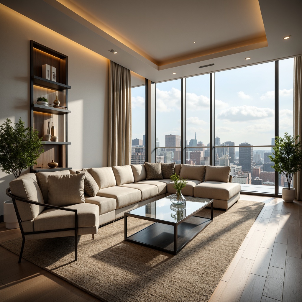 Prompt: Elegant living room, glass accents, sleek coffee table, minimalist decor, modern sofa, floor-to-ceiling windows, natural light pouring in, urban cityscape views, polished chrome legs, subtle LED lighting, transparent shelves, geometric patterns, luxurious textiles, warm beige tones, ambient soft glow, 1/1 composition, realistic reflections, shallow depth of field.