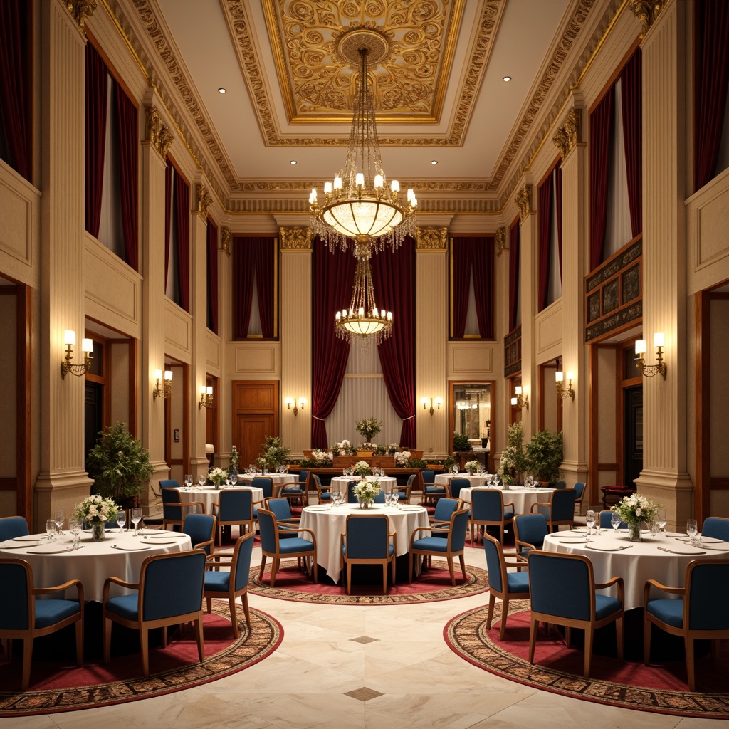 Prompt: Elegant dining hall, ornate chandeliers, luxurious velvet drapes, rich wood paneling, creamy marble floors, intricate moldings, golden accents, soft warm lighting, dramatic ceiling heights, majestic columns, symmetrical composition, neoclassical architectural details, sophisticated color palette, muted earth tones, warm beige walls, deep blue furniture upholstery, rich red carpeting, metallic gold leaf accents, subtle texture variations, realistic reflections, ambient occlusion.