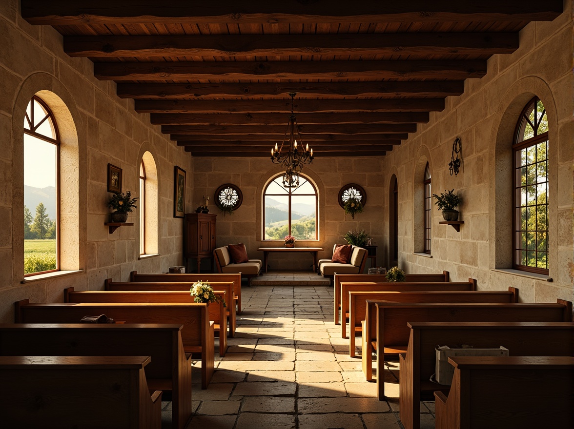 Prompt: Rustic vernacular church, wooden pews, stained glass windows, warm golden light, soft diffused illumination, natural stone walls, earthy tones, traditional architecture, rural landscape, rolling hills, serene atmosphere, subtle shadows, high ceilings, ornate chandeliers, candlelight, intricate carvings, wooden accents, floral patterns, devotional icons, peaceful ambiance, gentle highlights, shallow depth of field, 1/1 composition, realistic textures.