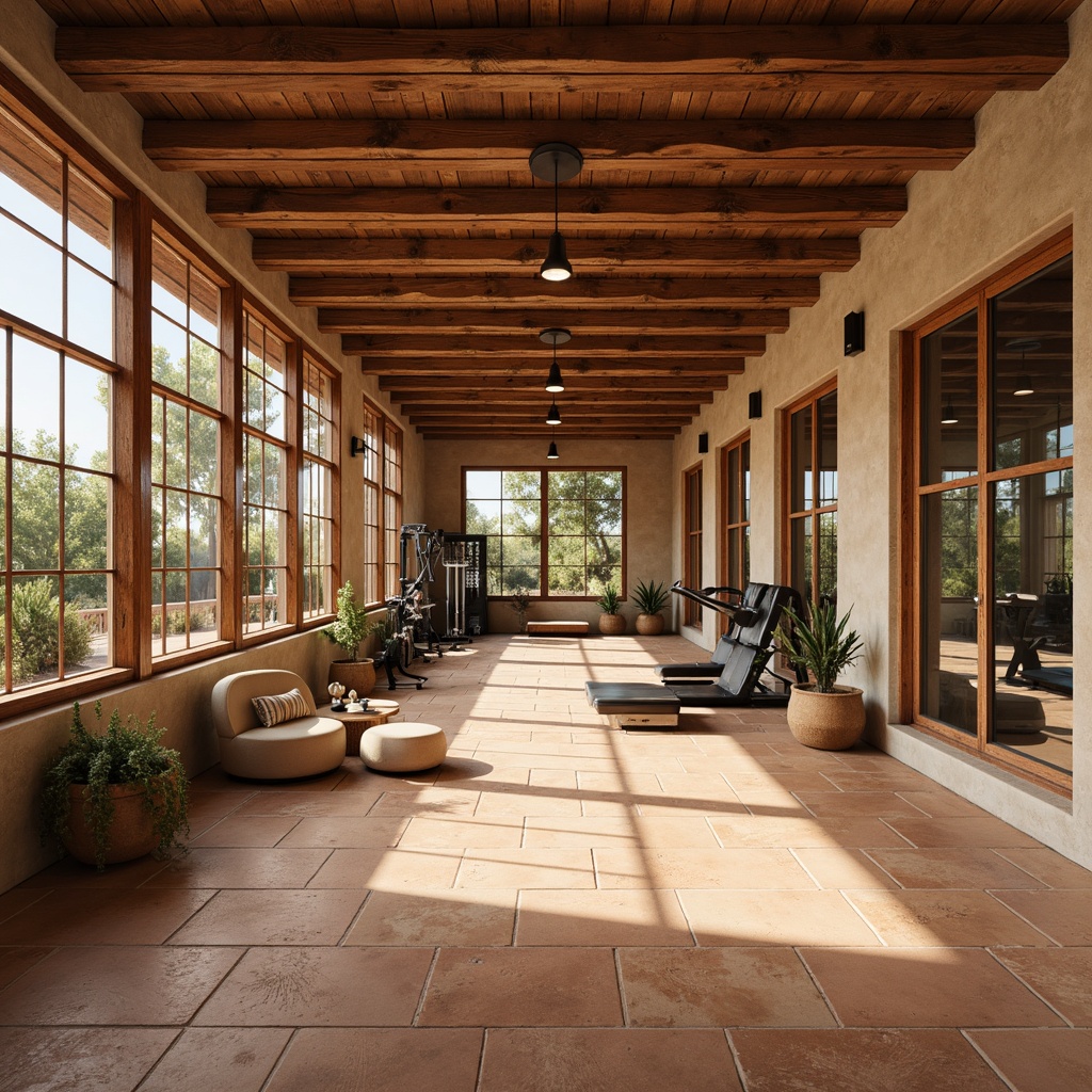 Prompt: Southwestern gym interior, rustic wooden accents, earthy color palette, terracotta tiles, warm beige floors, distressed hardwood flooring, reclaimed wood details, natural stone walls, industrial metal beams, minimalist decor, functional training areas, mirrored walls, professional athletic equipment, high-intensity lighting, dynamic shadows, 1/1 composition, realistic textures, ambient occlusion.