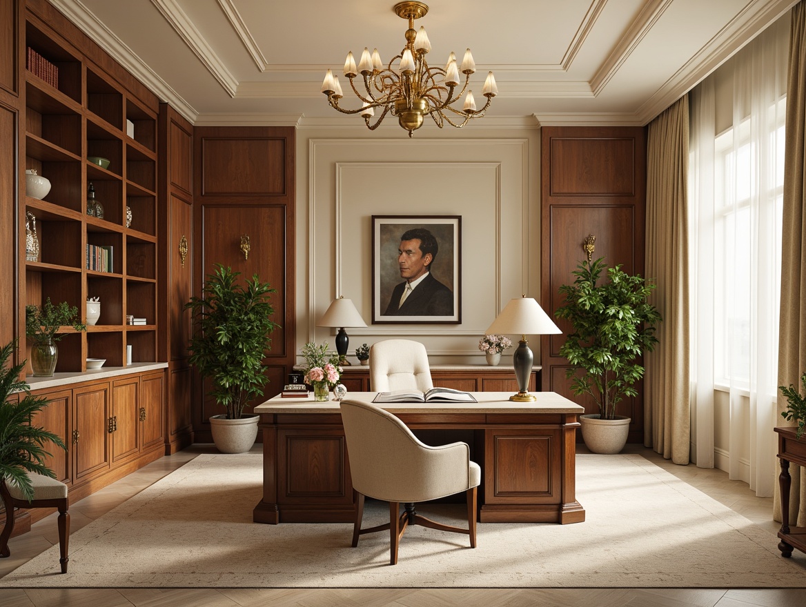 Prompt: Elegant home office, warm beige walls, rich walnut wood furniture, ornate golden accents, soft cream-colored upholstery, subtle marble textures, refined brass fixtures, sophisticated chandeliers, natural light pouring in, sheer white curtains, tasteful artwork, leather-bound books, classic architectural details, symmetrical composition, shallow depth of field, 1/1 ratio, warm softbox lighting, realistic render.