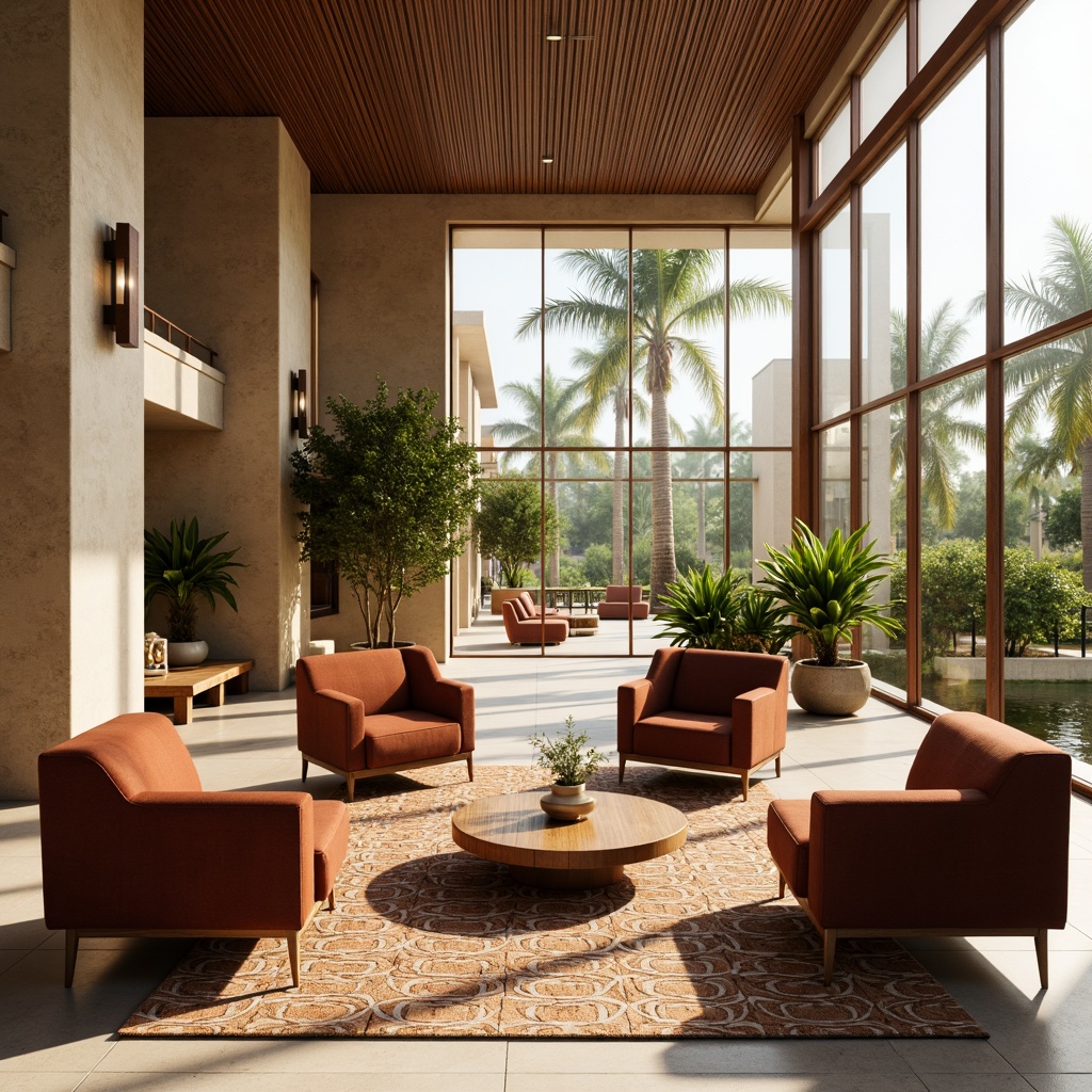 Prompt: Pavilion interior, mid-century modern style, luxurious lounge chairs, velvet upholstery, wooden coffee tables, geometric patterned rugs, floor-to-ceiling windows, natural light pouring in, tropical plants, warm beige walls, sleek metal accents, minimalist decor, 3/4 composition, shallow depth of field, softbox lighting, realistic textures, ambient occlusion.