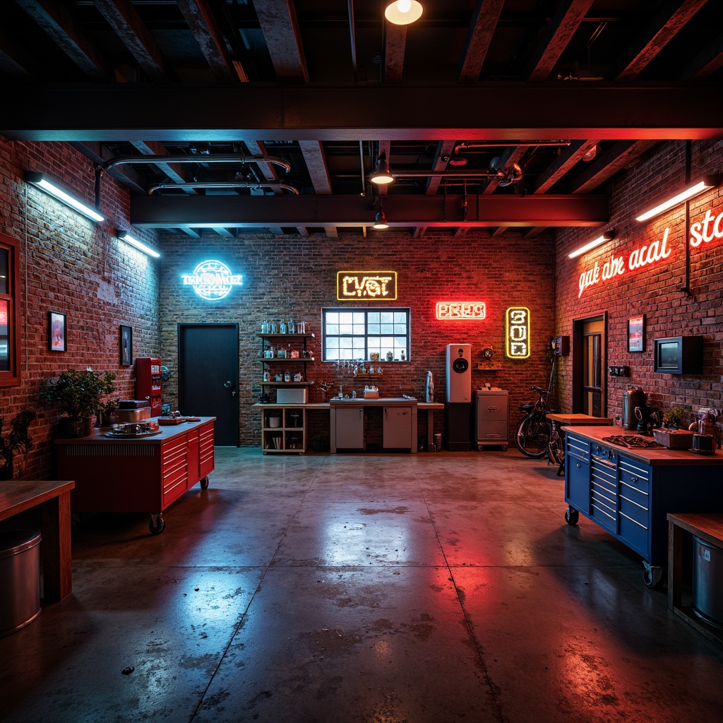 Prompt: Industrial-style garage, exposed brick walls, metal beams, concrete floors, bright accent colors, bold graphics, neon signs, urban atmosphere, gritty textures, high-contrast lighting, dramatic shadows, moody ambiance, functional decor, toolboxes, workbenches, industrial machinery, mechanical components, metallic sheen, rugged finishes.