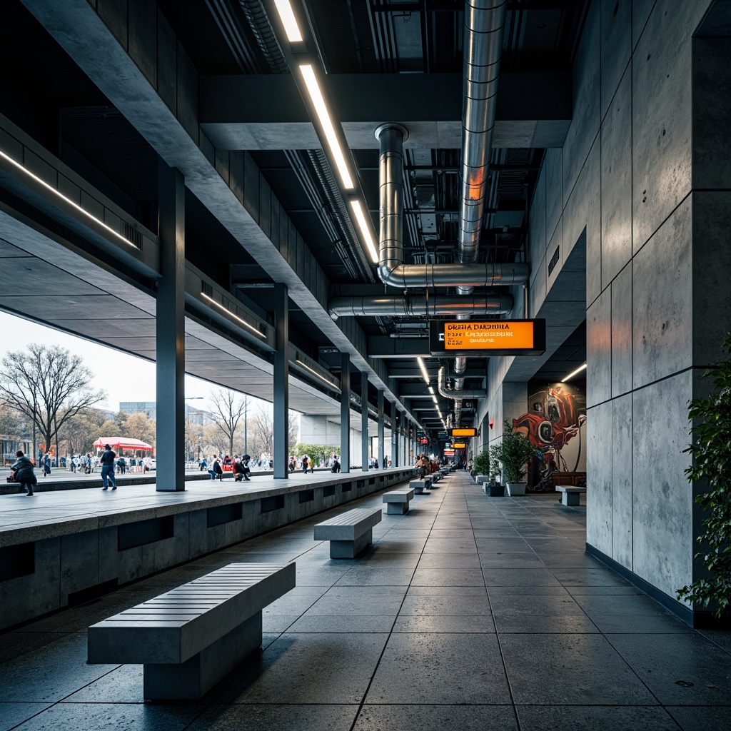 Prompt: Urban metro station, modern architecture, sleek concrete walls, industrial chic design, exposed ductwork, stainless steel beams, vibrant LED lighting, dynamic digital displays, futuristic signage, geometric patterned tiles, polished granite floors, minimalist benches, urban landscape views, rush hour atmosphere, natural stone accents, metallic cladding, abstract graffiti murals, bold color schemes, high-contrast textures, dramatic shadows, 1/2 composition, low-angle shot, cinematic lighting.