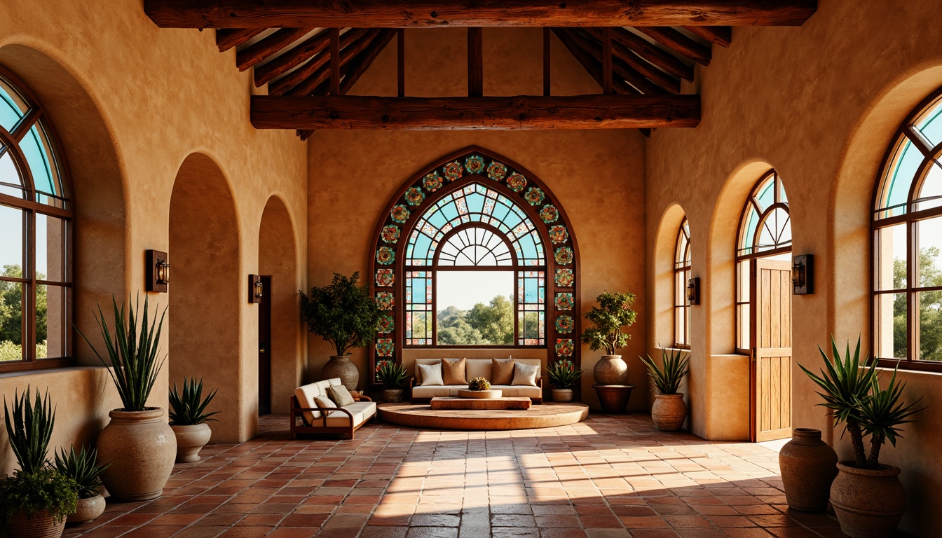 Prompt: Vibrant Southwestern church, stained glass windows, warm earthy tones, turquoise accents, geometric patterns, Native American inspired designs, adobe architecture, rustic wooden doors, ornate metalwork, colorful tile floors, dramatic archways, vaulted ceilings, soft diffused light, warm golden hour, 1/1 composition, realistic textures, ambient occlusion.