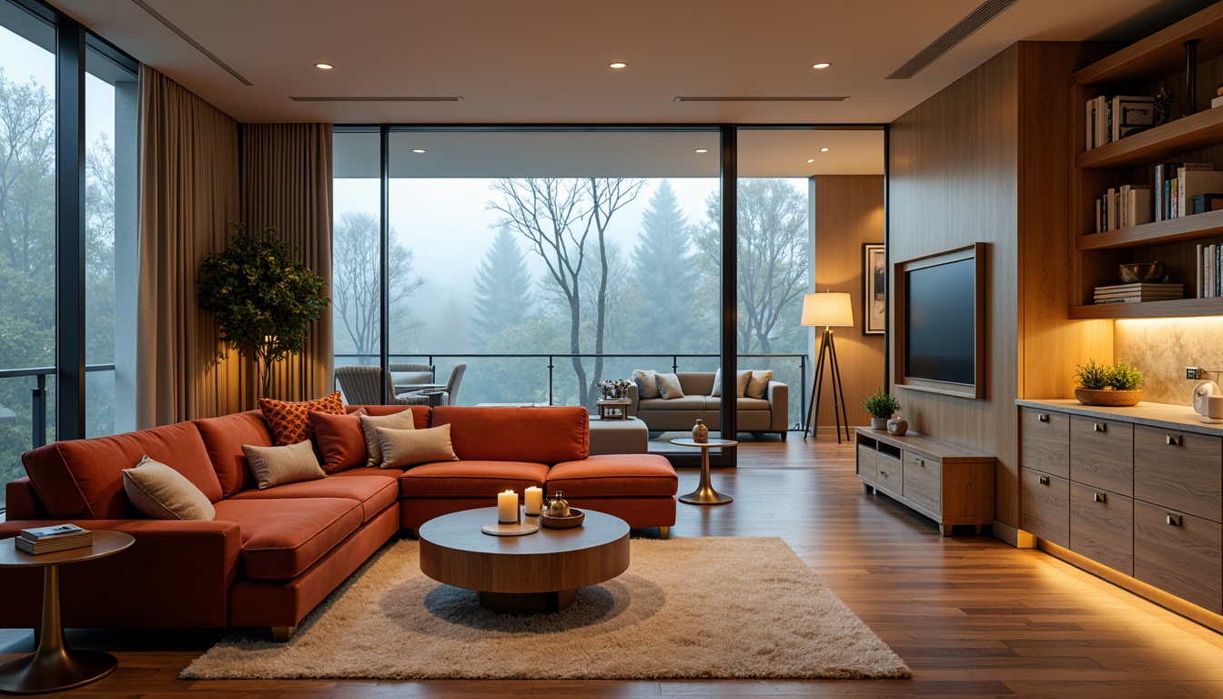 Prompt: Vibrant living room, warm beige walls, rich walnut wood flooring, plush velvet sofas, golden metal accents, soft candlelight, cozy reading nook, floor-to-ceiling windows, natural daylight, calming blue hues, earthy terracotta tones, luxurious marble countertops, metallic silver hardware, warm neutral background, atmospheric foggy morning, cinematic shallow focus, 1/1 composition, realistic reflections.