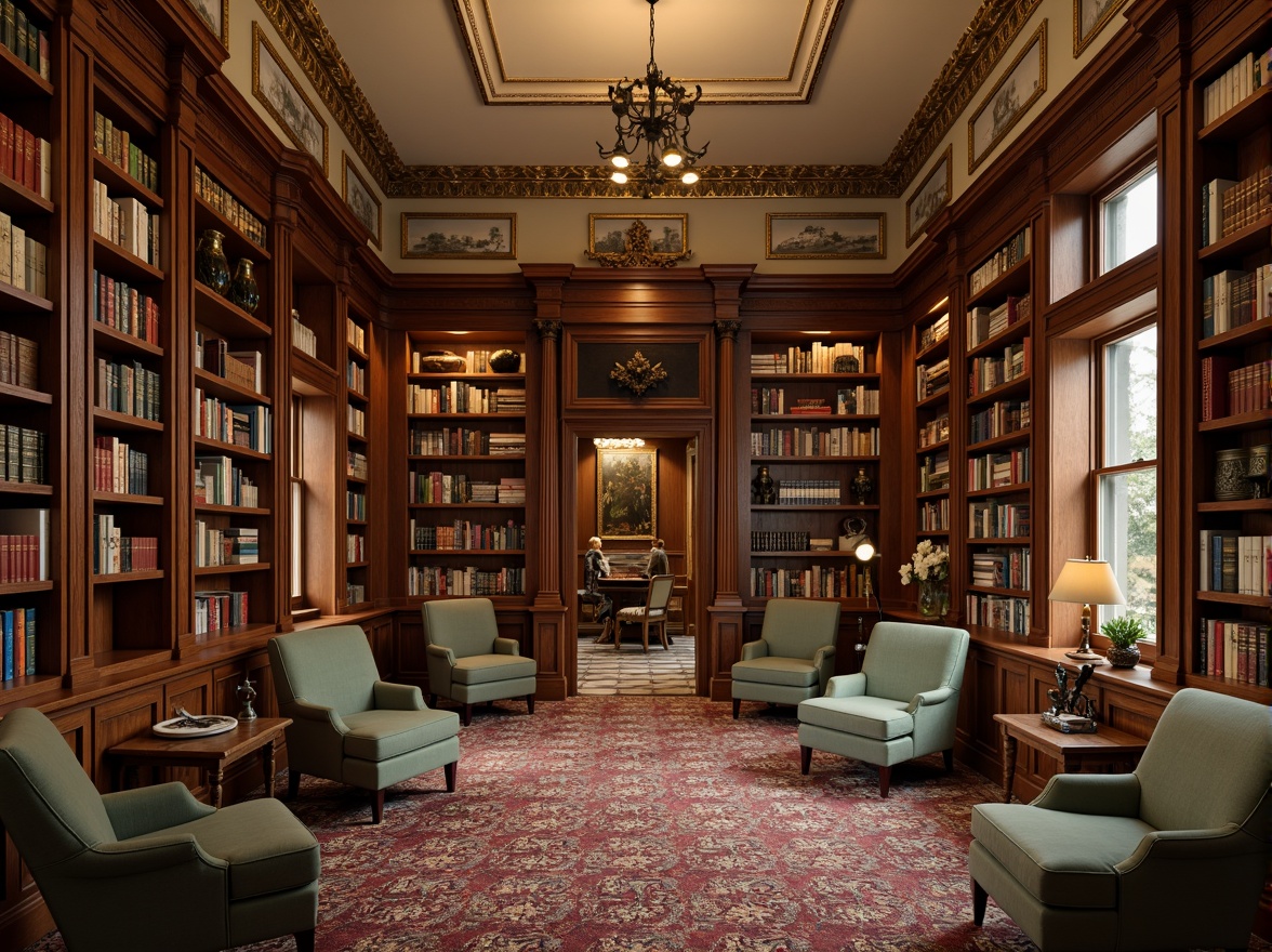 Prompt: Rich wooden bookshelves, vintage leather-bound books, warm golden lighting, cozy reading nooks, plush armchairs, soft velvety carpets, earthy brown tones, muted green accents, creamy white walls, elegant crown molding, ornate metal fixtures, subtle wood grain textures, shallow depth of field, 1/1 composition, realistic reflections, ambient occlusion.