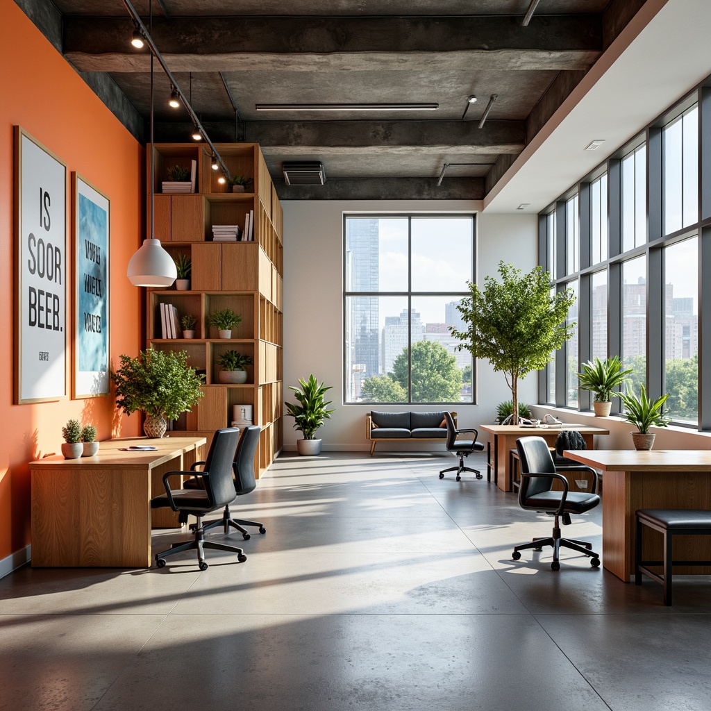 Prompt: Vibrant modern office space, sleek desks, ergonomic chairs, abstract artwork, inspirational quotes, collaborative zones, natural wood accents, minimalist shelving, plenty of greenery, floor-to-ceiling windows, urban cityscape views, warm neutral tones, pastel hues, bold accent walls, soft overhead lighting, 1/1 composition, shallow depth of field, realistic textures.