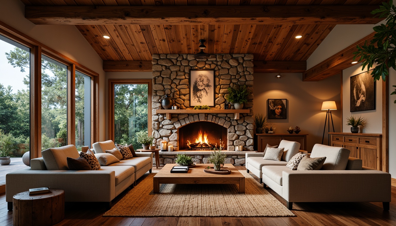 Prompt: Cozy great room, rustic wooden beams, warm earthy tones, natural stone fireplace, plush furnishings, comfortable sectional sofas, woven jute rugs, vintage decorative accents, soft warm lighting, candlelight ambiance, shallow depth of field, 1/2 composition, intimate atmosphere, rich wood textures, earthy color palette, nature-inspired elements, organic shapes, inviting seating areas, crackling fire sounds.