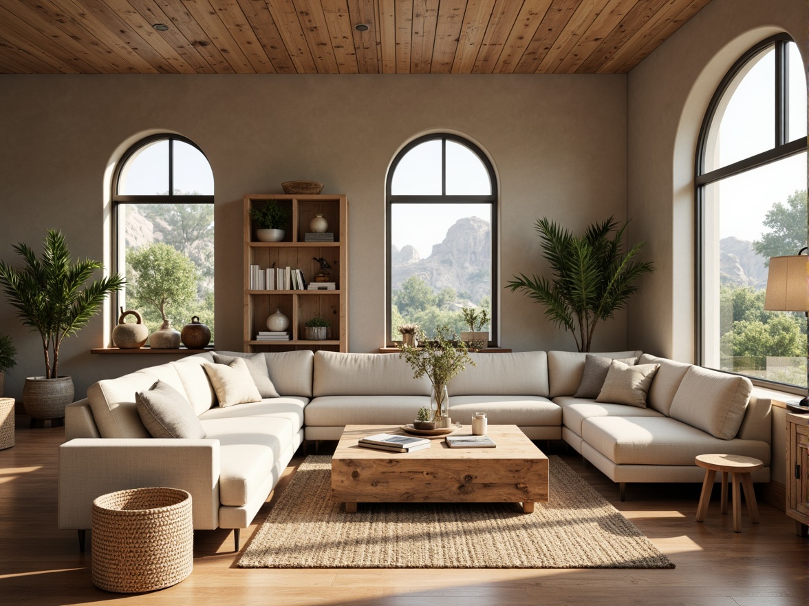 Prompt: Cozy living room, plush sectional sofas, reclaimed wood coffee tables, woven baskets, soft cushions, warm beige colors, natural textiles, minimalist decor, functional shelving units, adjustable floor lamps, comfortable reading nooks, oversized windows, abundant natural light, subtle rustic accents, earthy tones, harmonious color palette, inviting atmosphere, relaxing ambiance, 1/1 composition, shallow depth of field, realistic wood textures.