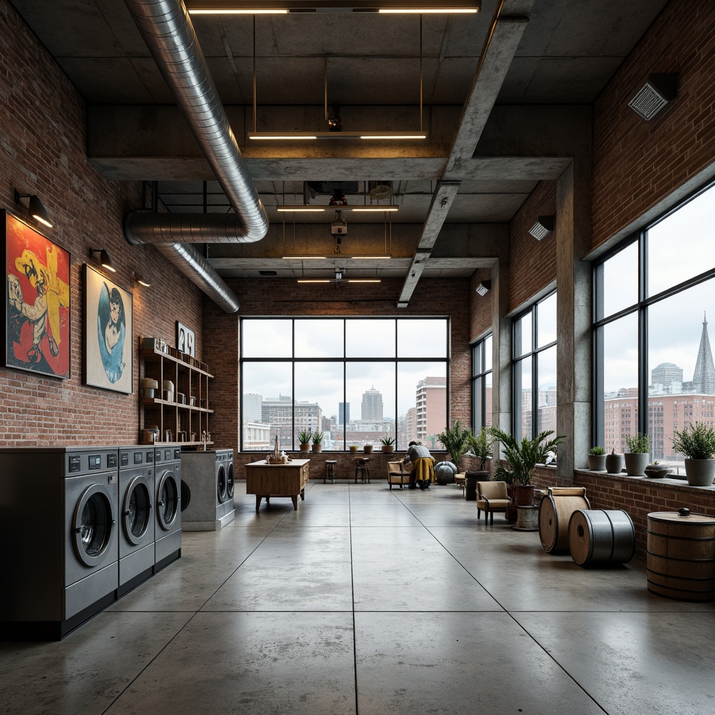 Prompt: Industrial laundry facility, postmodern architecture, exposed ductwork, steel beams, concrete floors, reclaimed wood accents, vintage washing machines, metal drums, functional layout, open shelving, minimalist decor, industrial lighting fixtures, overhead cranes, pulley systems, distressed finishes, eclectic color palette, abstract artwork, urban cityscape views, cloudy day, soft diffused light, shallow depth of field, 1/1 composition, realistic textures, ambient occlusion.