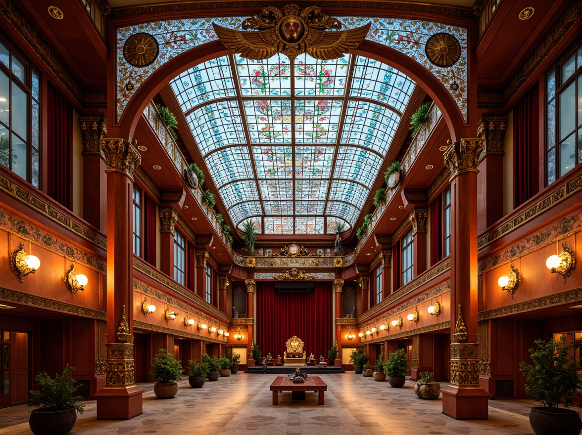 Prompt: Vibrant theater interior, ornate Art Nouveau details, stained glass ceiling, colorful mosaic patterns, intricate floral motifs, curved lines, organic shapes, luxurious velvet curtains, gilded accents, ornamental lighting fixtures, rich wood tones, polished marble floors, dramatic stage lighting, soft warm glow, shallow depth of field, 1/1 composition, symmetrical view, realistic textures, ambient occlusion.