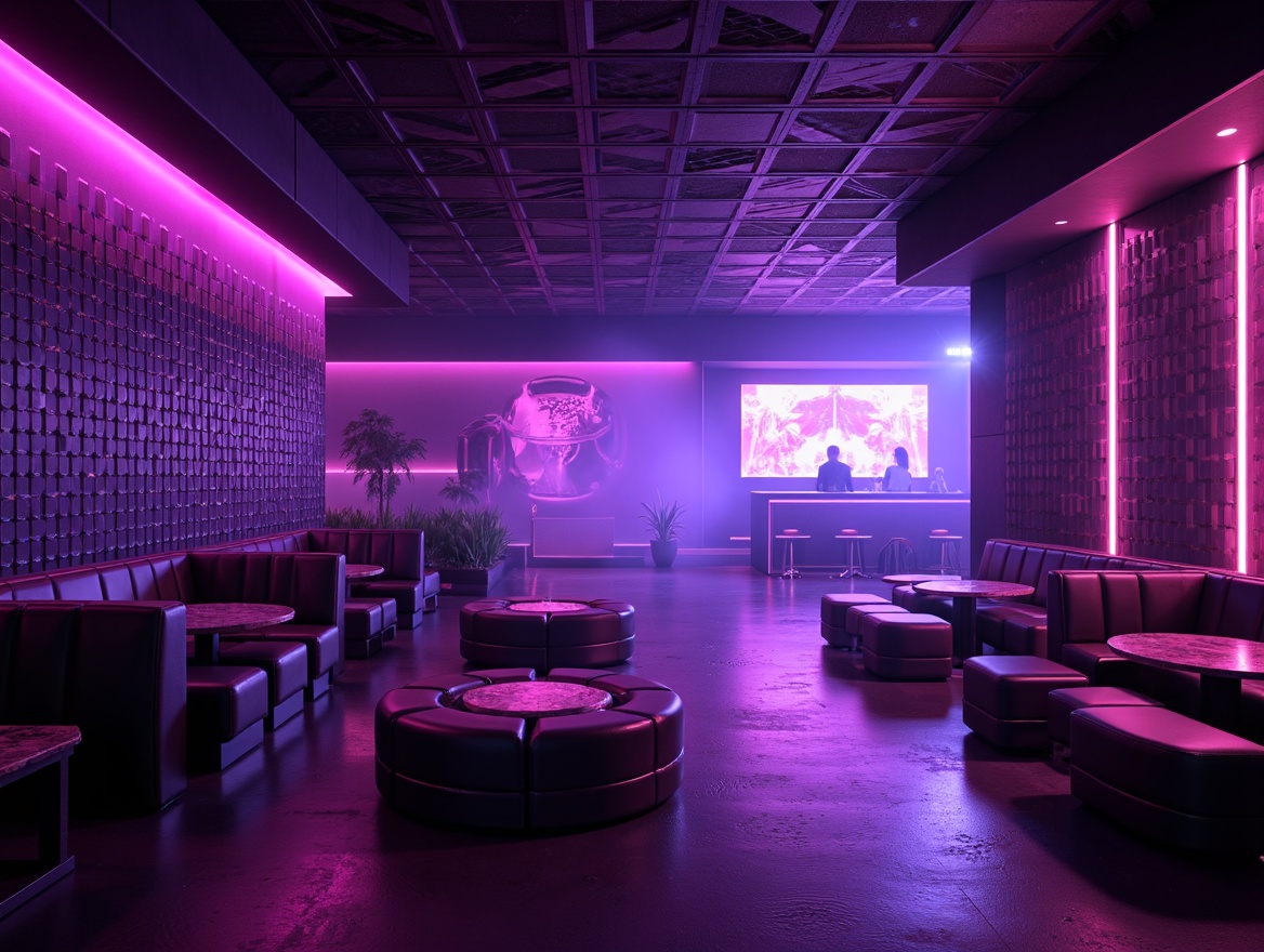 Prompt: Vibrant nightclub interior, dimmed purple lighting, metallic accents, sound-absorbing acoustic panels, geometric patterns, hexagonal shapes, LED strip lights, futuristic aesthetic, sleek black walls, glossy floors, circular tables, comfortable seating areas, elevated DJ booths, neon-lit bars, fog machines, strobe lights, 3/4 composition, shallow depth of field, realistic textures, ambient occlusion.