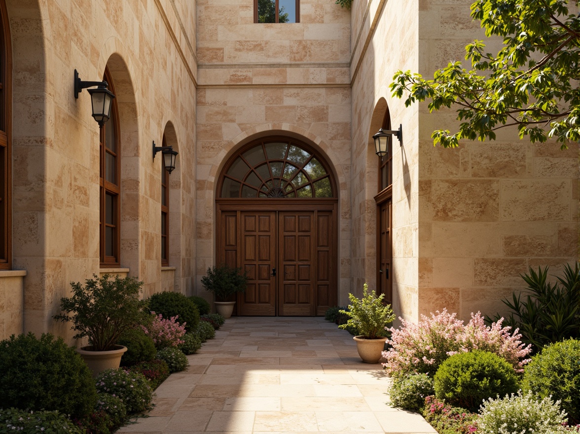 Prompt: Rustic monastery walls, distressed stone textures, warm beige colors, ornate archways, intricately carved wooden doors, wrought iron lanterns, serene courtyard spaces, lush greenery, blooming flowers, soft natural lighting, atmospheric misting effects, shallow depth of field, 1/2 composition, warm golden hour, realistic normal maps, ambient occlusion.