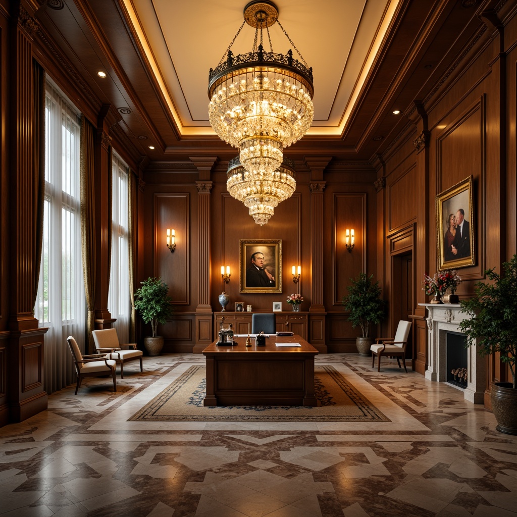 Prompt: Elegant neoclassical office, ornate chandeliers, crystal pendant lights, warm golden lighting, rich wood paneling, marble floors, high ceilings, grandiose columns, intricate moldings, luxurious fabrics, refined furniture, subtle color palette, softbox lighting, 3-point lighting setup, ambient occlusion, realistic textures, cinematic composition, atmospheric depth of field.