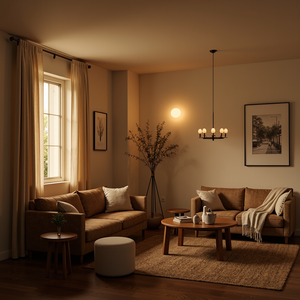 Prompt: Cozy living room, warm ambient lighting, table lamps, floor lamps, pendant lights, soft warm glow, cream-colored walls, dark wood furniture, plush velvet sofas, natural fiber rugs, minimalist decor, Scandinavian-inspired design, softbox lighting, indirect illumination, 1/2 composition, shallow depth of field, warm color temperature, relaxed intimate atmosphere.