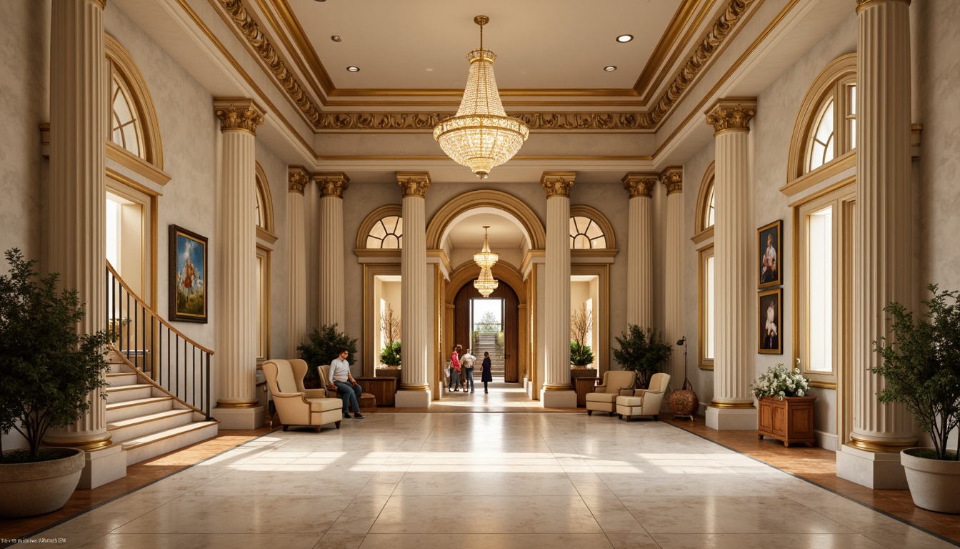 Prompt: Elegant neoclassical building, grand entrance with Ionic columns, ornate capitals, subtle arches, symmetrical fa\u00e7ade, cream-colored stone walls, polished marble floors, lavish chandeliers, intricate moldings, ornamental ceilings, stately staircases, refined furnishings, luxurious fabrics, warm golden lighting, shallow depth of field, 1/2 composition, realistic textures, ambient occlusion.