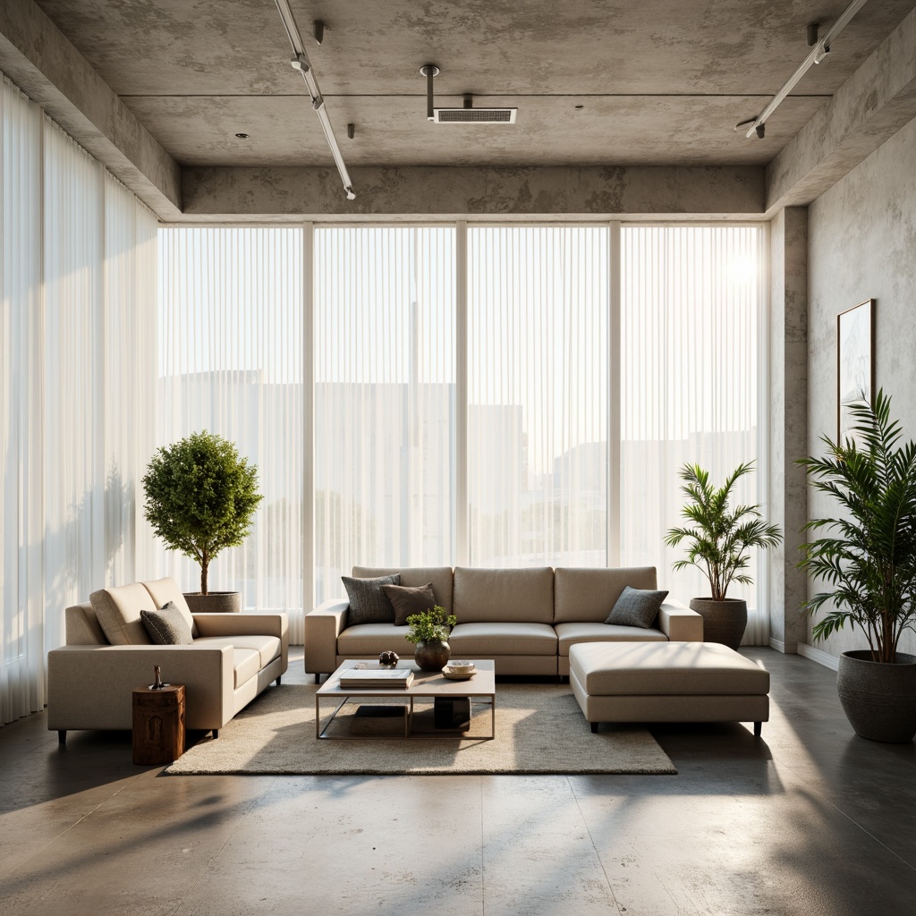 Prompt: Minimalist living room, abundant natural light, floor-to-ceiling windows, sheer white curtains, polished concrete floors, low-profile furniture, sleek lines, monochromatic color scheme, subtle texture variations, greenery accents, potted plants, industrial-chic metal fixtures, soft warm glow, shallow depth of field, 1/1 composition, realistic reflections, ambient occlusion.