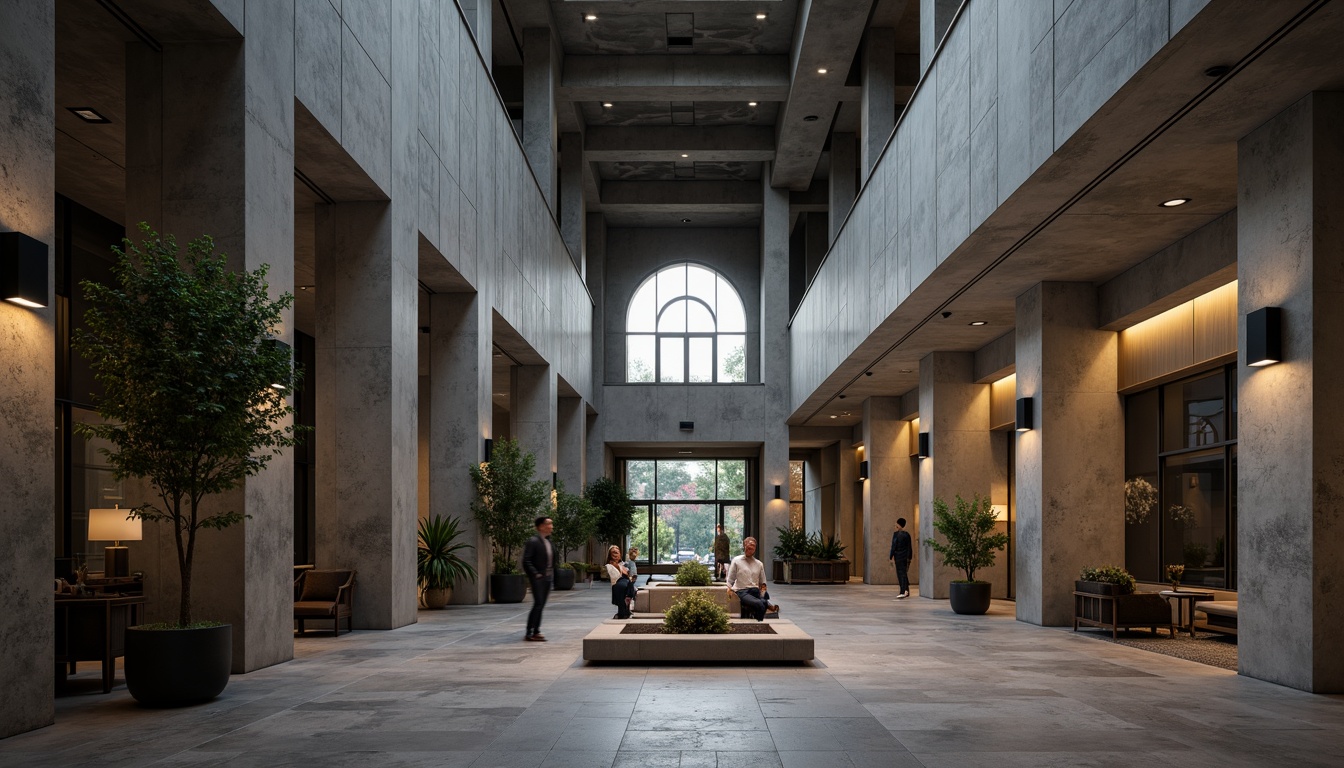 Prompt: Rough-textured concrete walls, industrial-style columns, minimalist decor, sparse greenery, dramatic lighting, high ceilings, brutalist architecture, modern hotel lobby, luxurious amenities, sleek metal accents, polished stone floors, abstract artwork, moody color palette, atmospheric shadows, cinematic composition, 1-point perspective, low-key lighting, ambient noise.