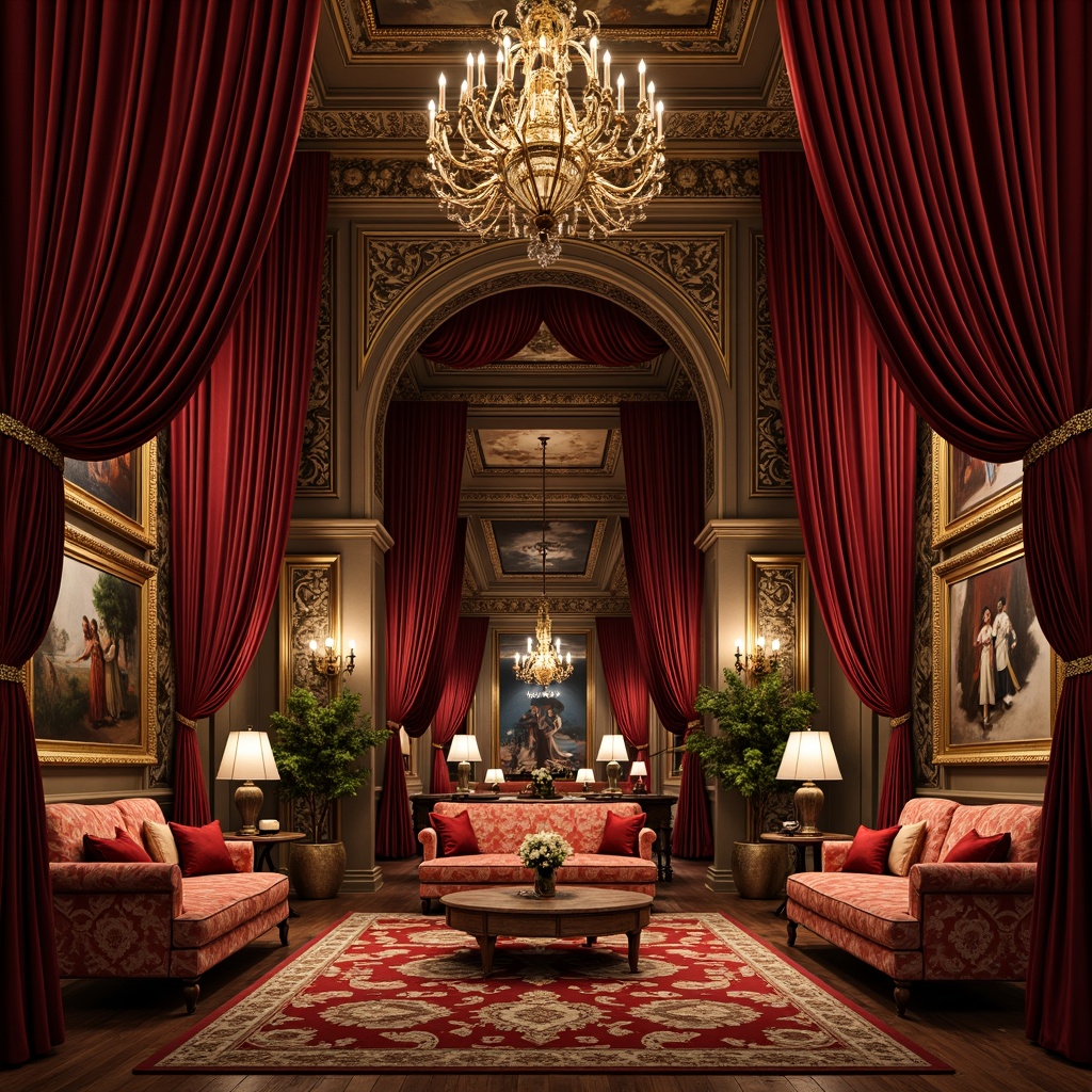 Prompt: Opulent velvet curtains, intricately carved wooden frames, ornate metalwork details, luxurious upholstery fabrics, curved lines, flowing organic shapes, rich jewel-toned colors, soft warm lighting, dramatic spotlights, grandiose scale, lavish ornamentation, intricate patterns, floral motifs, sinuous curves, elegant proportions, hand-painted murals, gilded accents, plush pillows, tufted sofas, cabriole legs, ornate mirrors, beveled glass, majestic chandeliers, 1/2 composition, shallow depth of field, cinematic lighting.