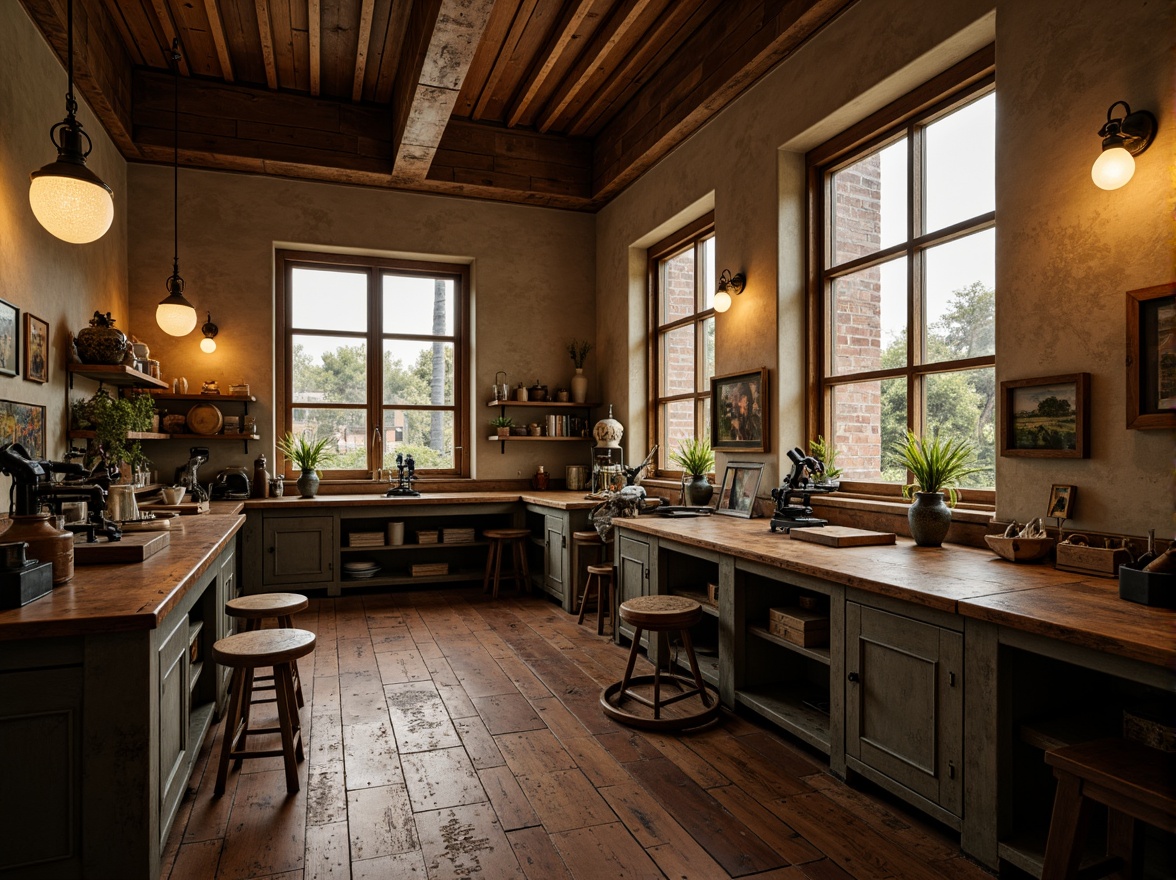 Prompt: Warm traditional laboratory, rustic wooden benches, antique equipment, vintage microscopes, distressed metal cabinets, earthy color palette, warm beige walls, softbox lighting, pendant lamps, frosted glass shades, industrial-style metal fixtures, exposed brick or stone walls, reclaimed wood accents, natural textiles, cozy reading nooks, warm task lighting, high contrast ratio, 1/2 composition, moody atmosphere, subtle shadows, realistic materials.