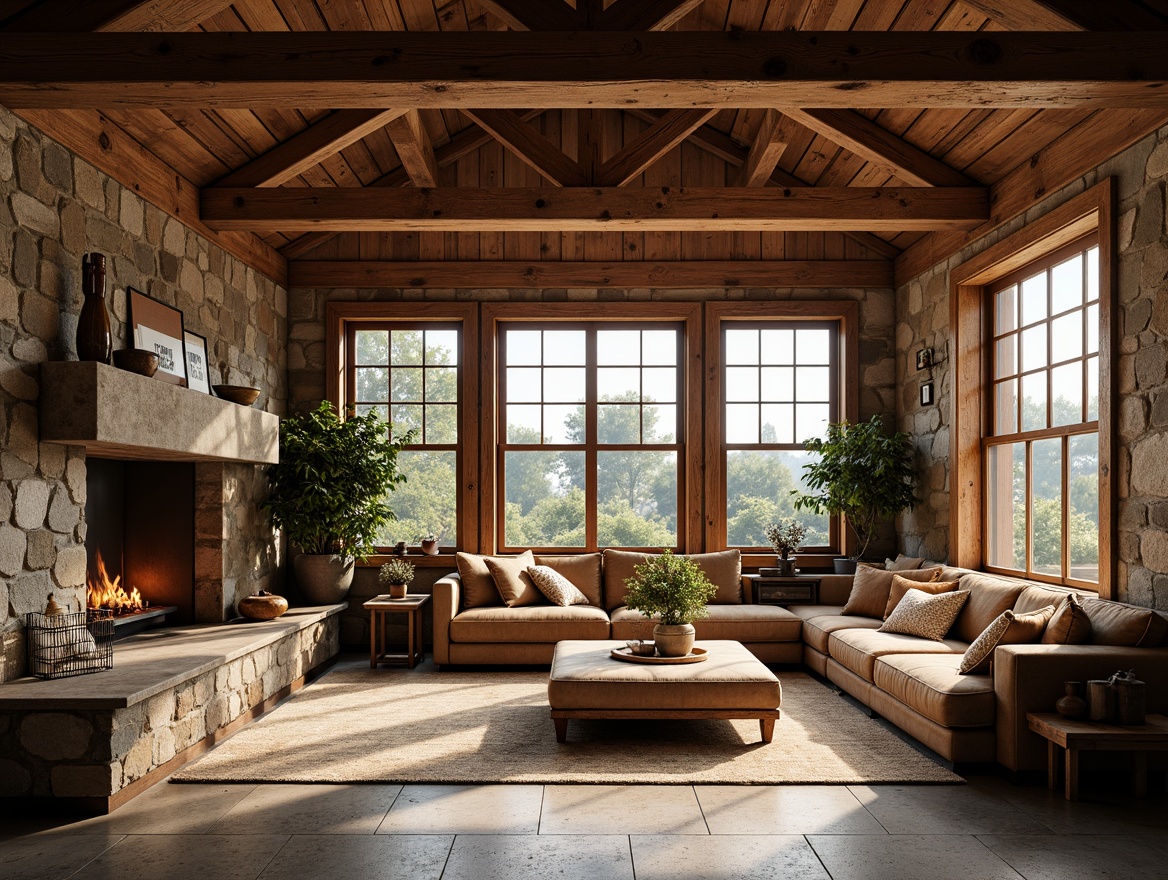 Prompt: Rustic wooden beams, exposed rafters, decorative trusses, hand-hewn stone walls, earthy color palette, natural materials, cozy ambiance, warm lighting, rich textures, ornate metalwork, intricate wood carvings, oversized windows, double-hung windows, multi-paned windows, window seats, built-in cabinetry, classic columns, tapered columns, square columns, chunky wooden furniture, plush upholstery, vintage accessories, nature-inspired patterns, botanical motifs, earthy scents, warm color tones, soft natural light, shallow depth of field, 3/4 composition, realistic textures, ambient occlusion.