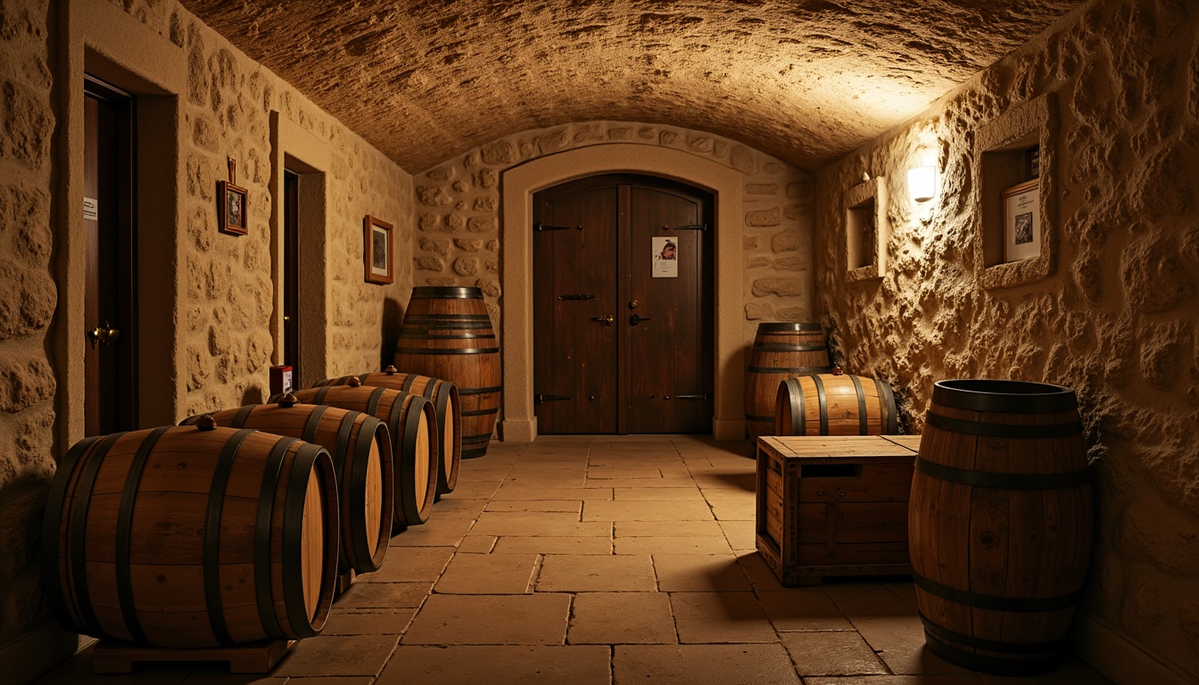 Prompt: Rustic cellar, stone walls, dim lighting, earthy tones, warm beige, rich wood accents, vintage wine barrels, wooden crates, soft golden illumination, cozy atmosphere, natural textures, weathered metal doors, distressed finishes, aged brickwork, intimate setting, dramatic shadows, low-key color scheme, muted hues.