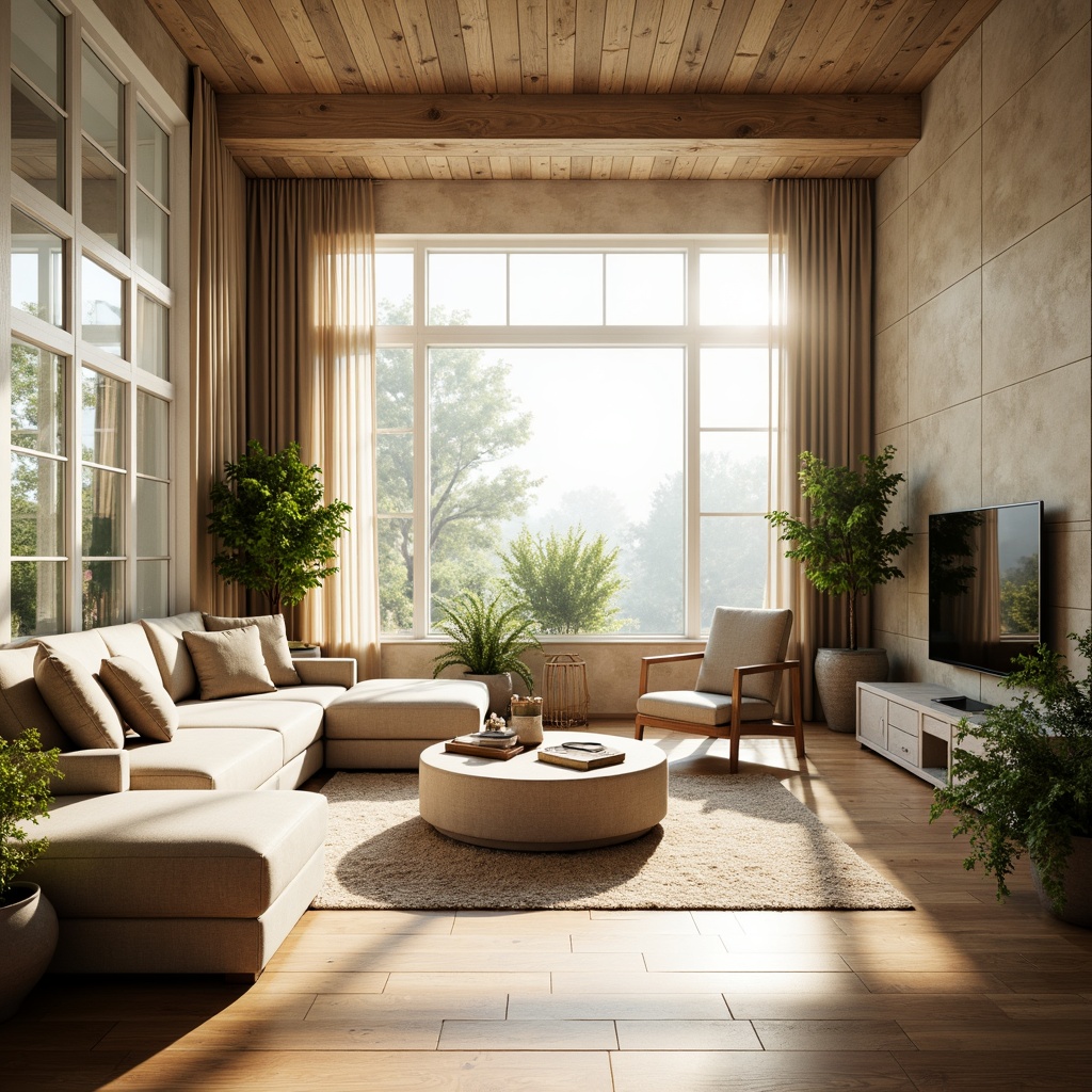 Prompt: Bright living room, large windows, sheer curtains, natural stone walls, wooden flooring, minimalist decor, greenery accents, potted plants, soft warm lighting, morning sunbeams, airy atmosphere, 1/1 composition, shallow depth of field, realistic textures, ambient occlusion.