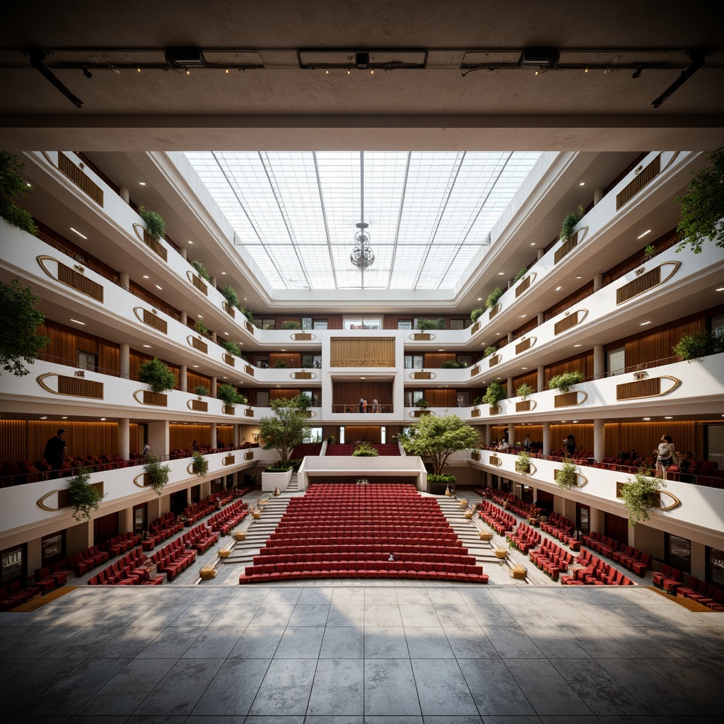 Prompt: Grand opera house, minimalist architecture, open-air courtyard, sleek stone flooring, modern glass ceiling, natural light pouring in, subtle LED lighting, elegant staircases, spacious auditorium, plush red seats, ornate golden balconies, grand chandeliers, soft warm ambiance, shallow depth of field, 3/4 composition, panoramic view, realistic textures, ambient occlusion.