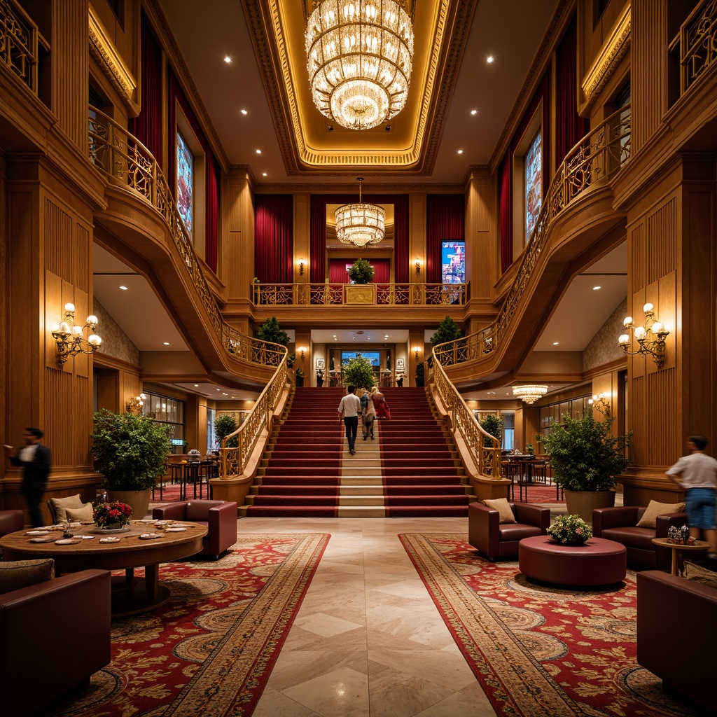 Prompt: Luxurious casino interior, ornate detailing, neoclassical columns, intricate moldings, gilded accents, velvet drapes, crystal chandeliers, marble floors, rich wood paneling, grand staircase, sweeping archways, regal furnishings, lavish textiles, opulent color scheme, warm golden lighting, shallow depth of field, 1/2 composition, realistic reflections, ambient occlusion.