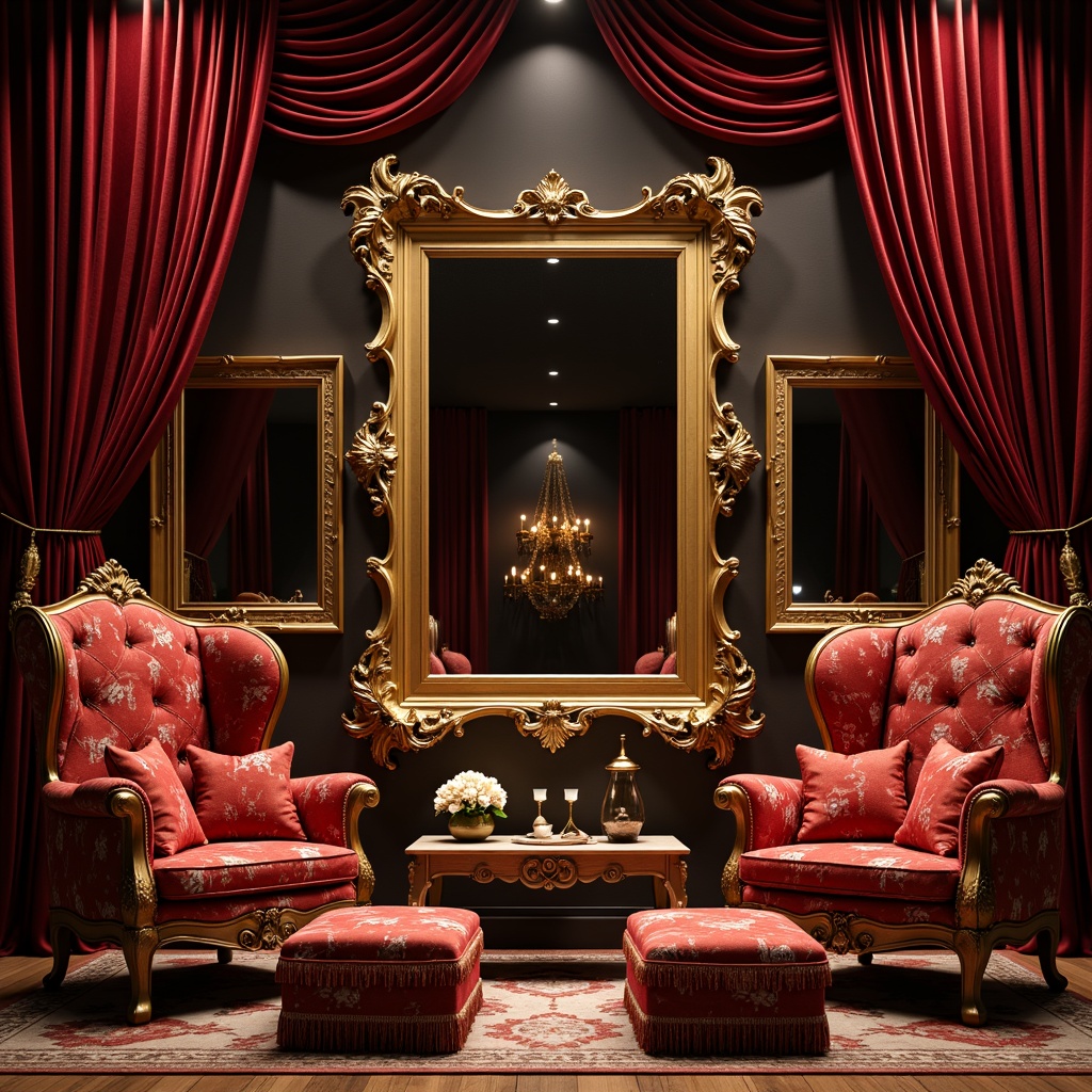 Prompt: Luxurious velvet curtains, ornate golden frames, dramatic spotlights, plush red armchairs, curved wooden legs, intricate carvings, flowing organic lines, whimsical floral patterns, rich jewel-toned upholstery, beaded fringe trim, tufted ottomans, oversized decorative mirrors, grandiose chandeliers, lavish drapery, opulent fabrics, bold sculptural shapes, dynamic geometric forms, warm atmospheric lighting, cinematic color palette, 1/2 composition, shallow depth of field, realistic textures.