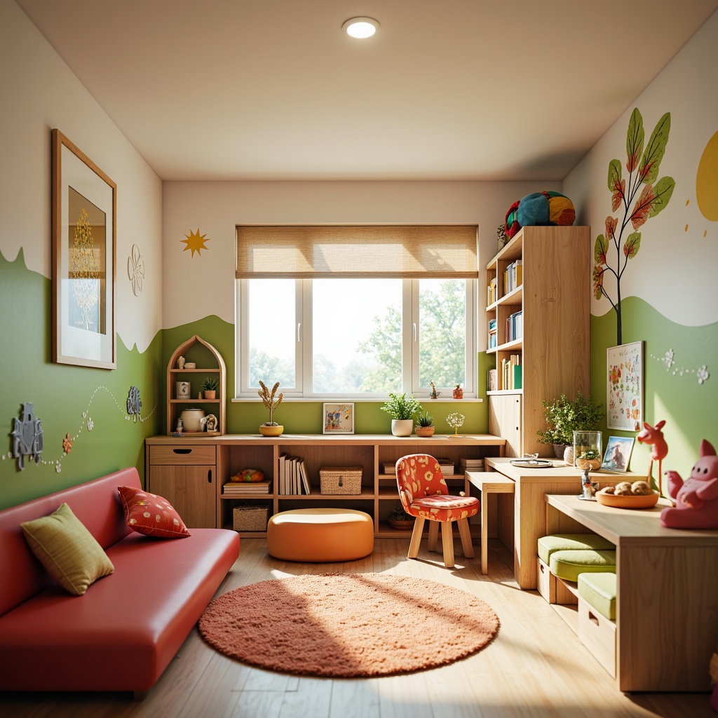 Prompt: Whimsical kids' room, vibrant color scheme, playful patterns, sturdy wooden furniture, ergonomic desk chairs, adjustable shelving units, cozy reading nooks, soft cushioned sofas, educational wall decals, interactive storage bins, rounded edges, safety-focused design, eco-friendly materials, natural textiles, ambient warm lighting, shallow depth of field, 1/1 composition, realistic textures, detailed normal maps.