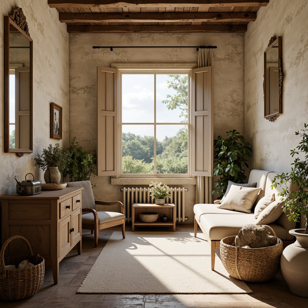 Prompt: Rustic stone walls, distressed finishes, vintage shutters, soft cream hues, warm beige tones, elegant molding details, ornate mirrors, natural linen fabrics, woven baskets, antique furniture pieces, distressed wood accents, charming countryside views, sunny afternoon light, soft focus blur, 1/2 composition, intimate atmosphere, realistic textures.