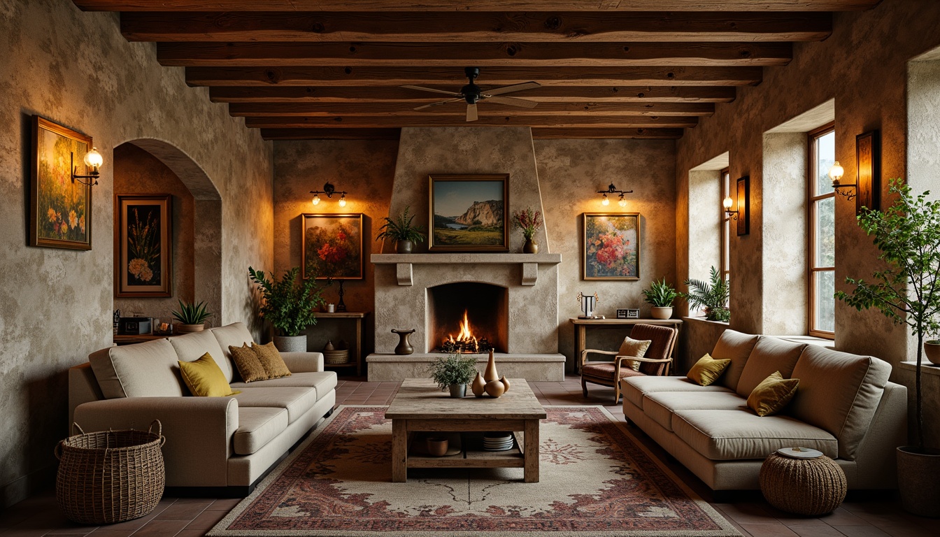 Prompt: Rustic wooden beams, natural stone walls, earthy color palette, comfortable plush sofas, vintage armchairs, distressed wood coffee tables, woven wicker baskets, handmade ceramic vases, rich tapestries, classic lanterns, warm ambient lighting, 3/4 composition, shallow depth of field, realistic textures, cozy intimate atmosphere.