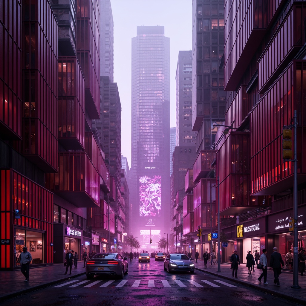 Prompt: Futuristic cityscape, burgundy skyscrapers, metallic structures, neon light installations, holographic advertisements, levitating cars, sleek robots, retro-futuristic architecture, dark alleys, misty atmosphere, cyberpunk vibes, vibrant purple accents, deep red hues, silver linings, glossy surfaces, abstract geometries, 3D projections, cinematic lighting, shallow depth of field, dynamic composition.