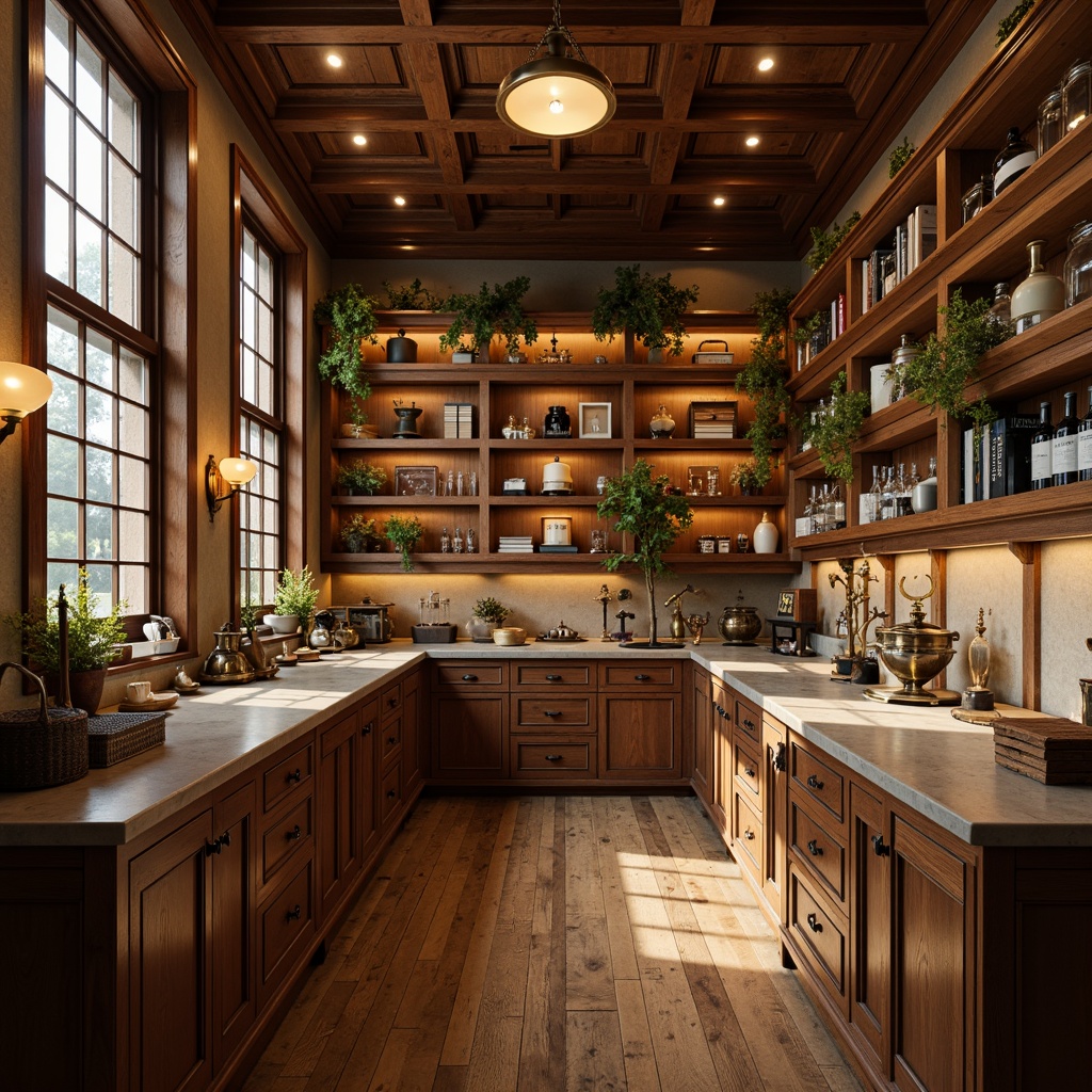 Prompt: Warm traditional laboratory, wooden cabinetry, antique brass fixtures, soft warm lighting, recessed ceiling lights, pendant lamps, natural stone countertops, earthy color palette, rustic wooden shelves, vintage scientific equipment, distressed finishes, rich textures, cozy atmosphere, warm beige walls, polished wooden floors, decorative moldings, ornate ceiling details, 1/1 composition, realistic render, subtle shadows.