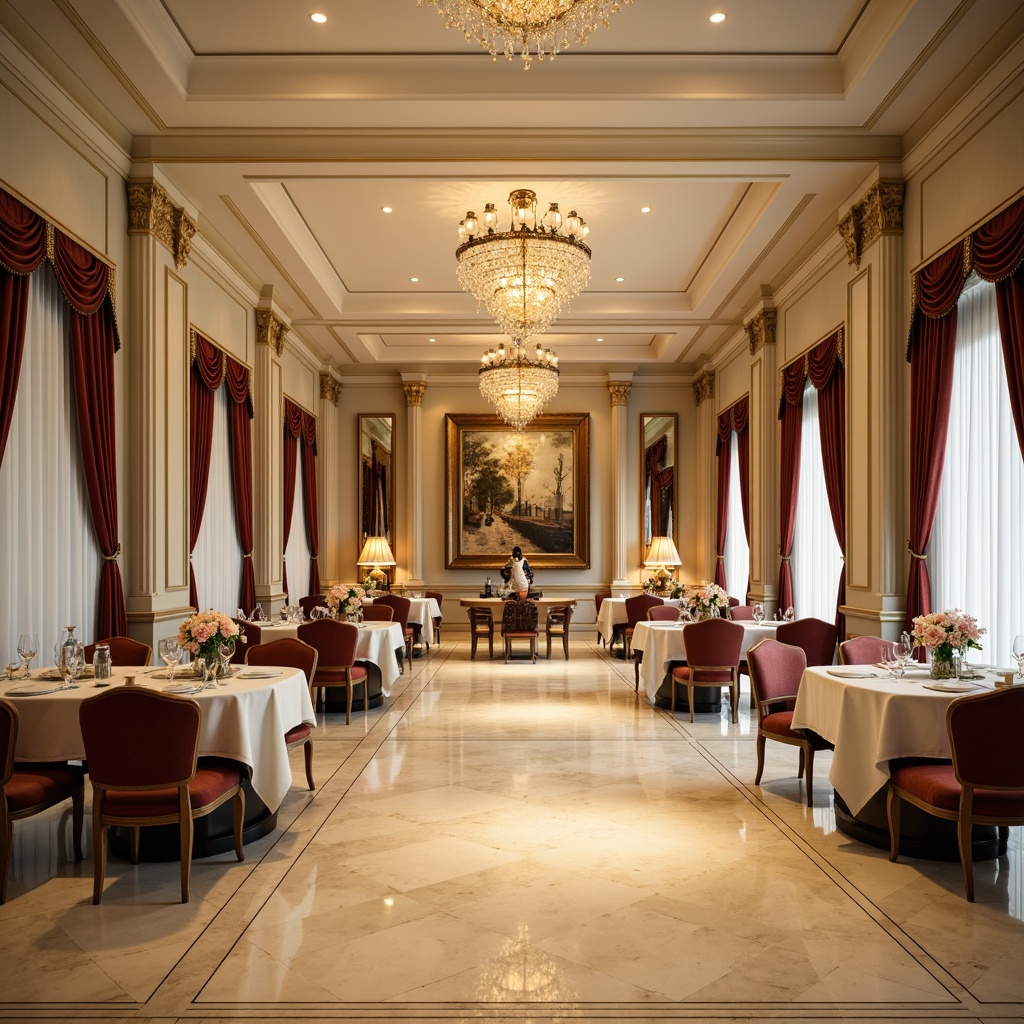 Prompt: Elegant dining hall, cream marble floors, ornate chandeliers, golden accents, rich wood paneling, velvet drapes, luxurious furniture, classic columns, intricate moldings, soft warm lighting, subtle gradient colors, beige walls, ivory ceilings, subtle gold leaf details, refined texture, high-contrast ratio, 1/2 composition, realistic reflection, ambient occlusion.